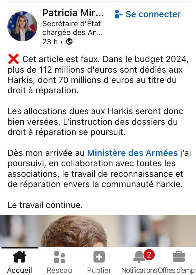 Copie du tweet de Mme Mirallès, secrétaire d’État face aux inquiétudes quant au financement des mesures de réparations pour les Harkis