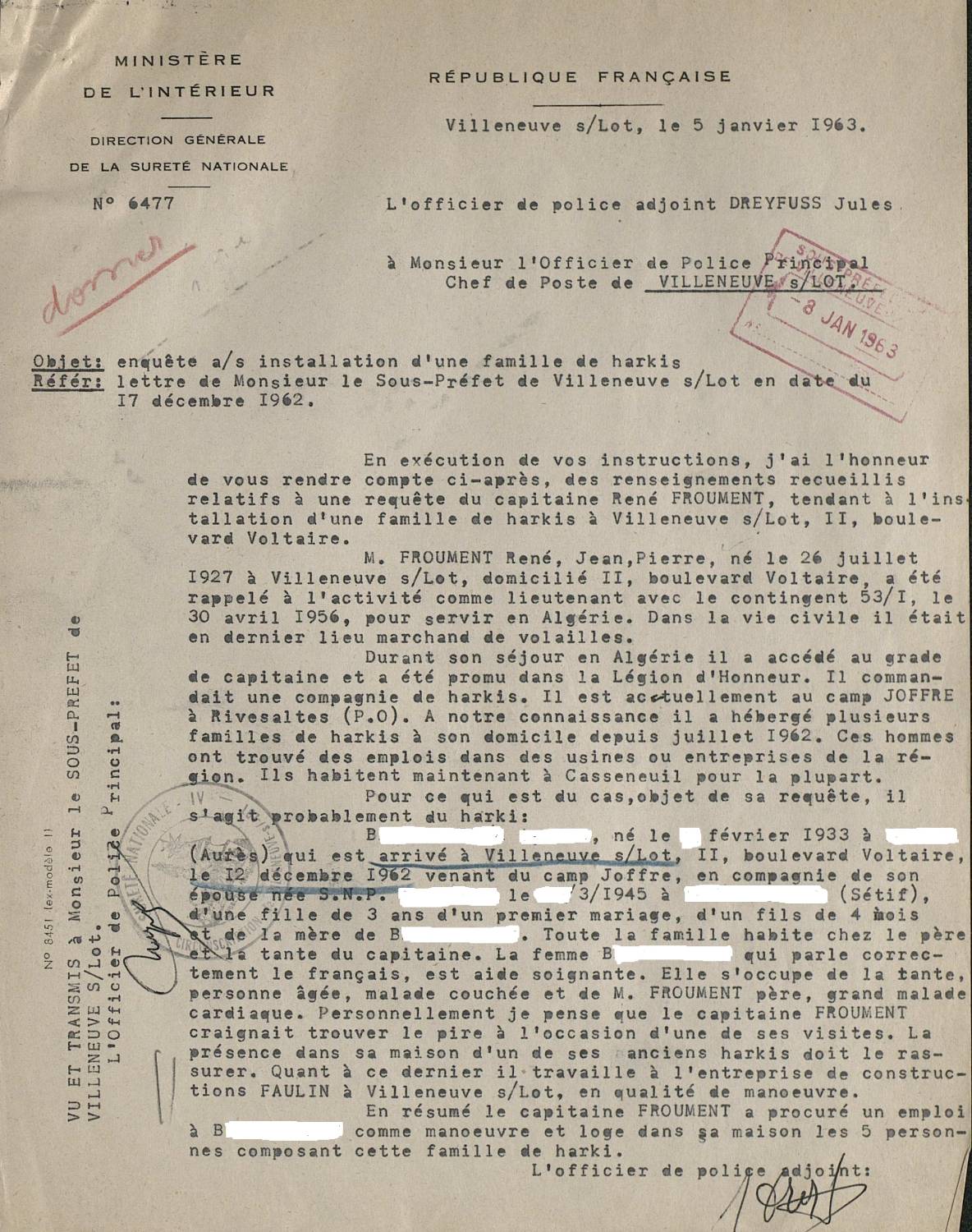 Illustration 10 : enquête menée à la demande du préfet du Lot-et-Garonne et du sous-préfet de Villeneuve-sur-Lot sur l’installation d’une famille de Harkis chez le capitaine Froument, 5 janvier 1963