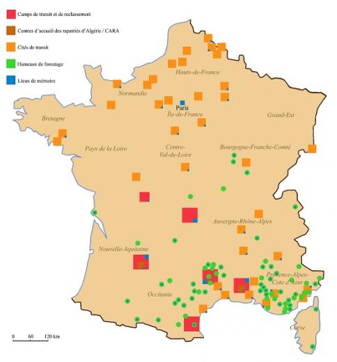 Carte de la répartition des camps et des hameaux de forestage sur le territoire