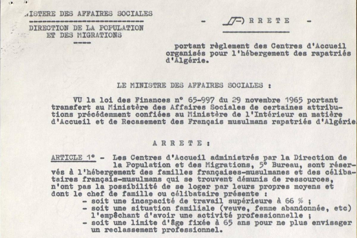 Illustration 3 : arrêté portant règlement des centres d’accueil organisés pour l’hébergement des rapatriés d’Algérie, 1er septembre 1966