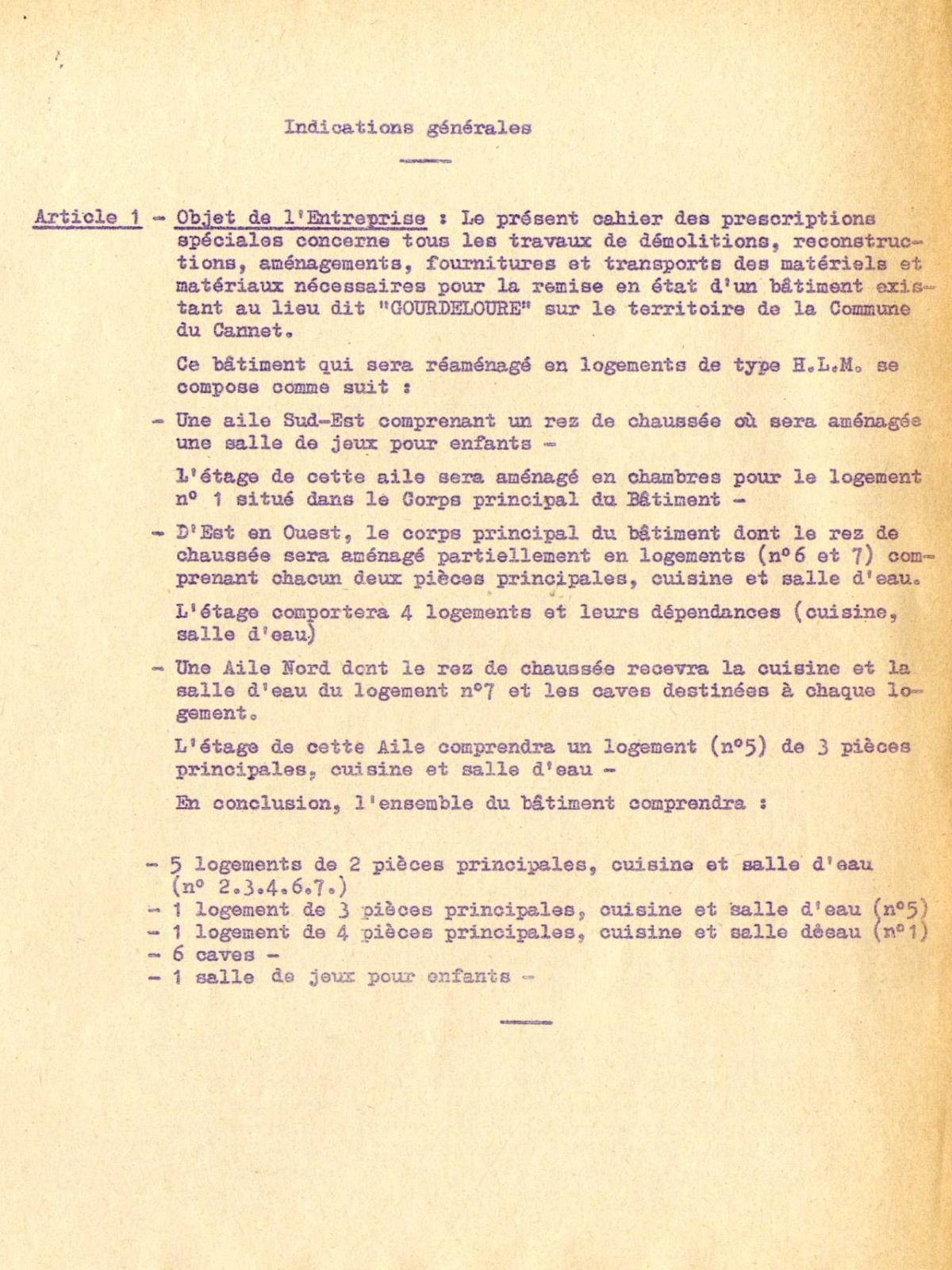 Illustration 15 : ville de Cannes, remise en état et réaménagement d’un bâtiment existant dit "Ferme de Gourdeloure", cahier de prescriptions spéciales, 5 mars 1965 (Archives de Cannes, 208W10)