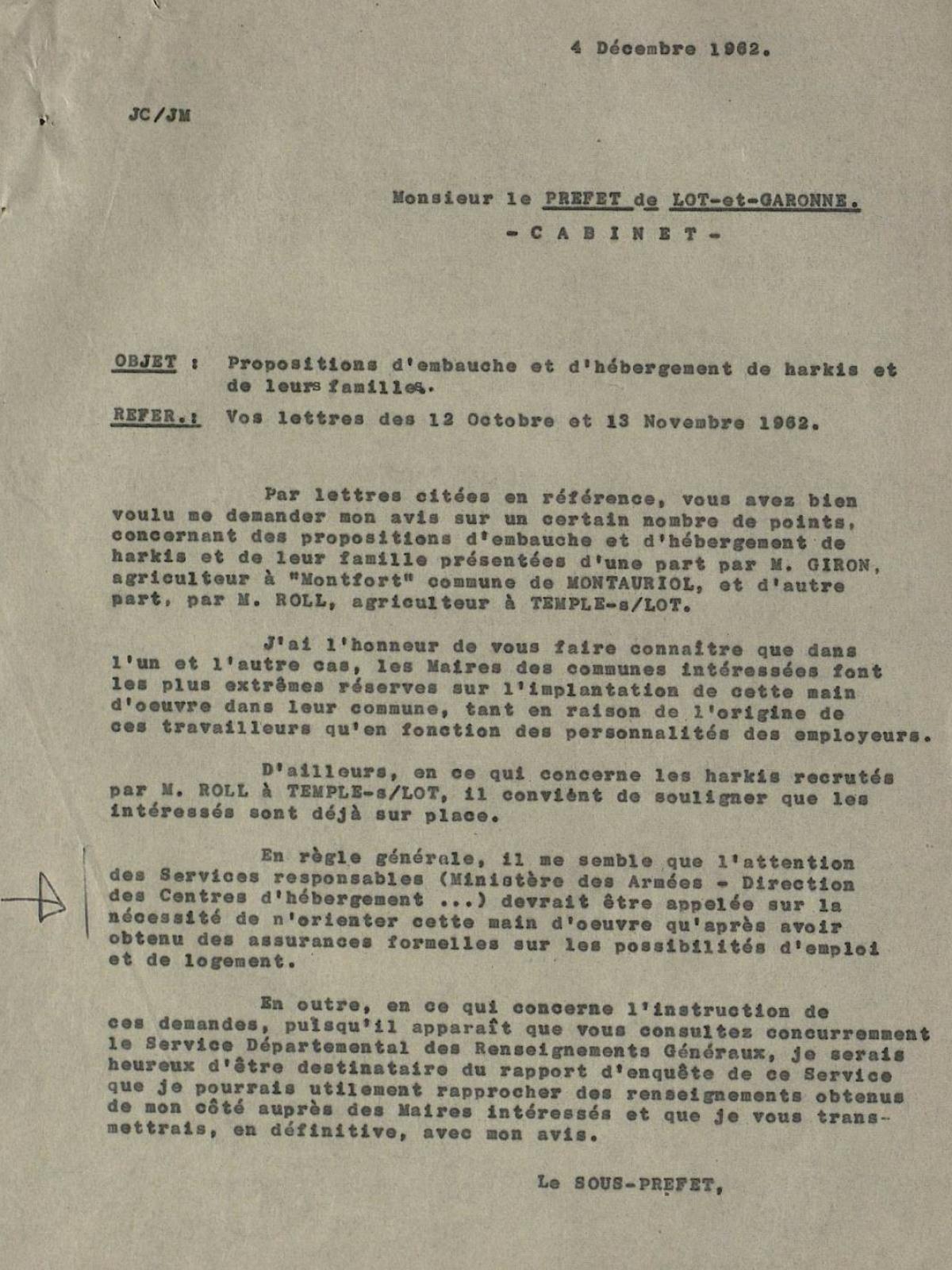 Illustration 12 : note du sous-préfet de Villeneuve-sur-Lot relative à l’embauche et l’hébergement de Harkis et de leurs familles par des agriculteurs, 4 décembre 1962
