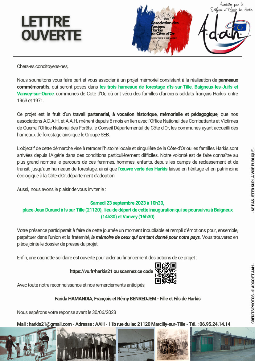 Lettre ouverte du projet mémoriel conjoint AAH21/ADAH du août 2023