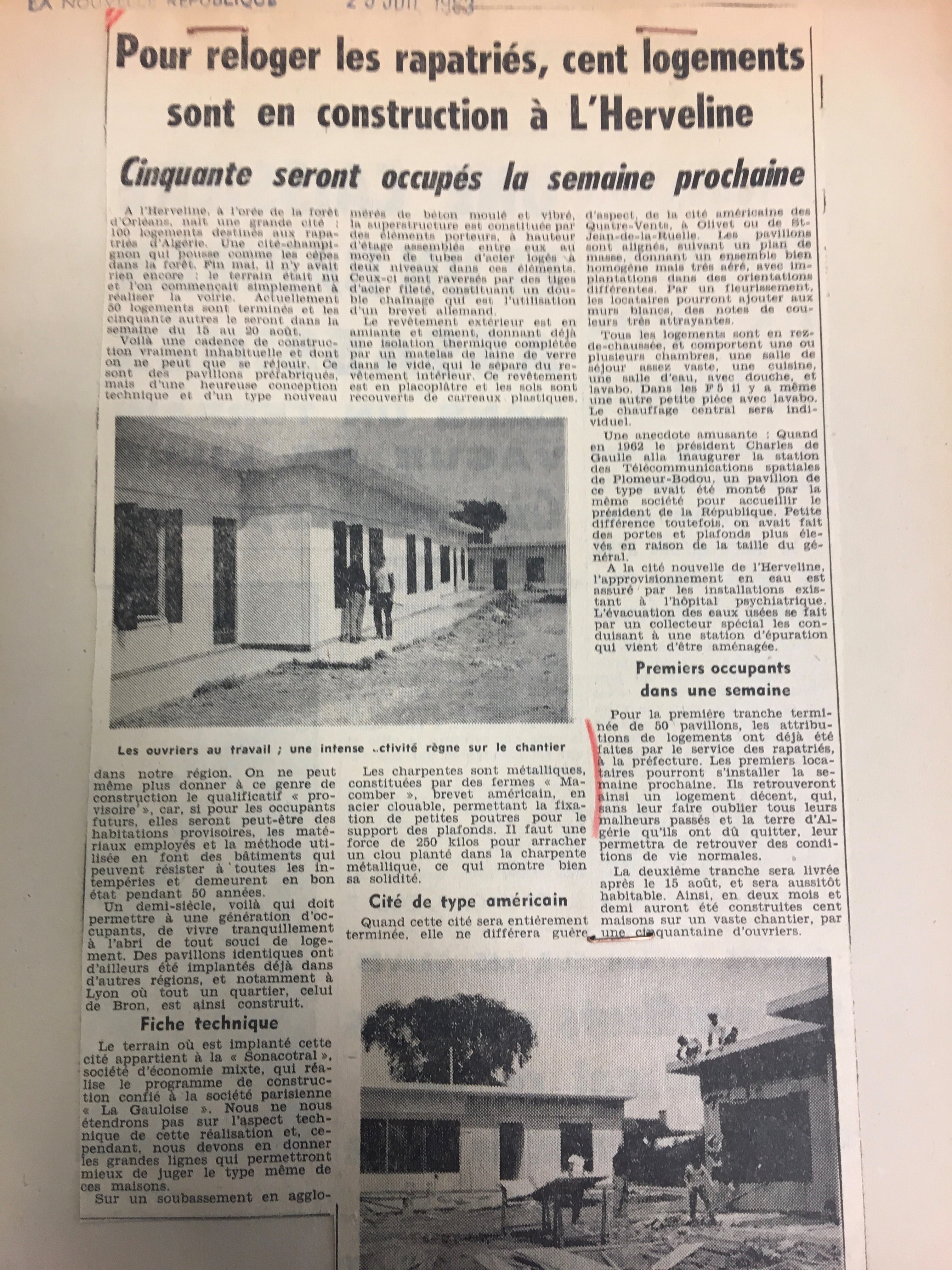 Article de journal relatif à la construction de la cité de l'Herveline (Loiret) @ La Nouvelle République 25/06/1963