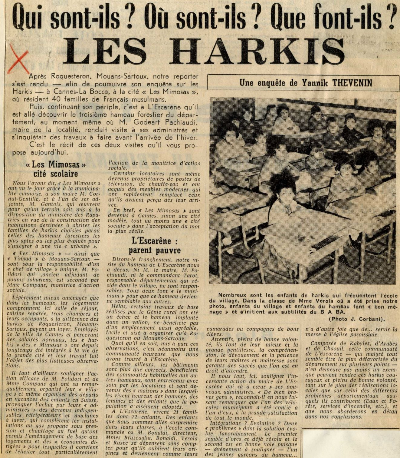 " Qui sont-ils ? Où sont-ils ? Que font-ils ? Les Harkis " Article extrait du Provençal du 14 octobre 1965