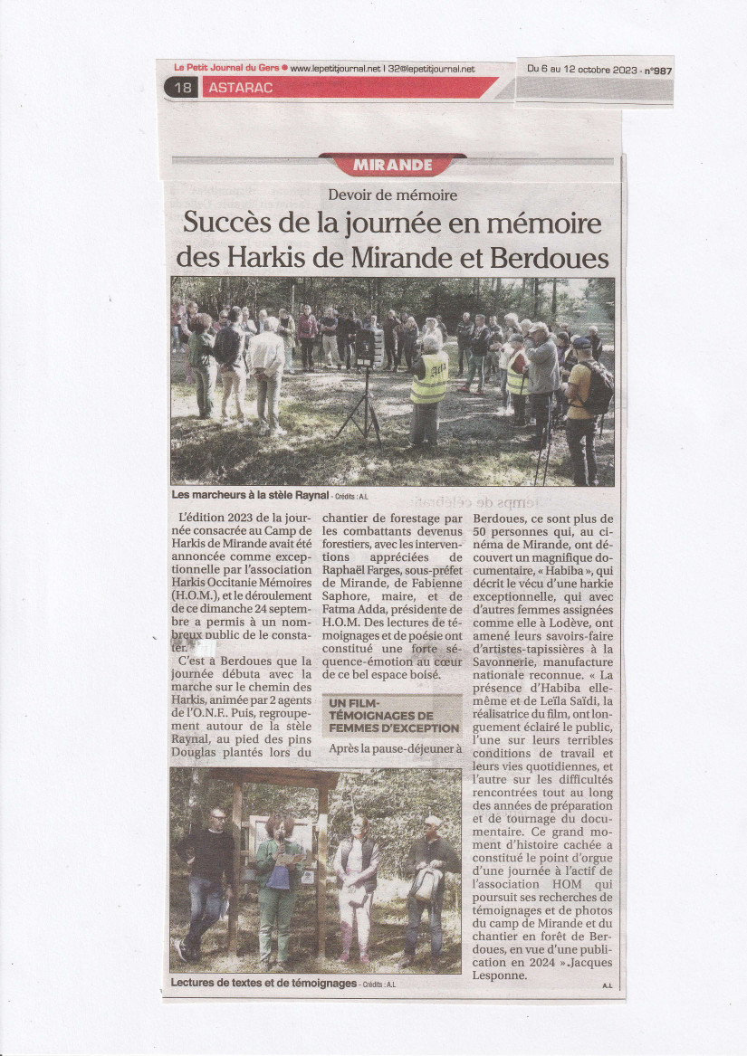 2023-10-06 : succès de la journée en mémoire ds Harkis de Berdoues et Mirande © Le Petit Journal du 06-10-2023 / HOM