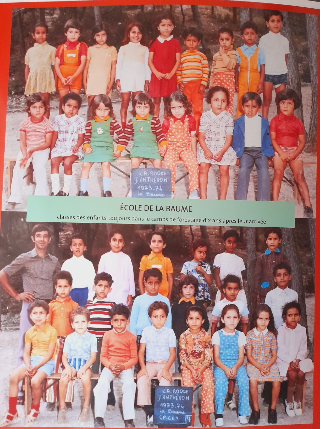 Deux photos de classe d'élèves scolarisés à école de la Baume, à la Roque d'Anthéron, en 1973-74