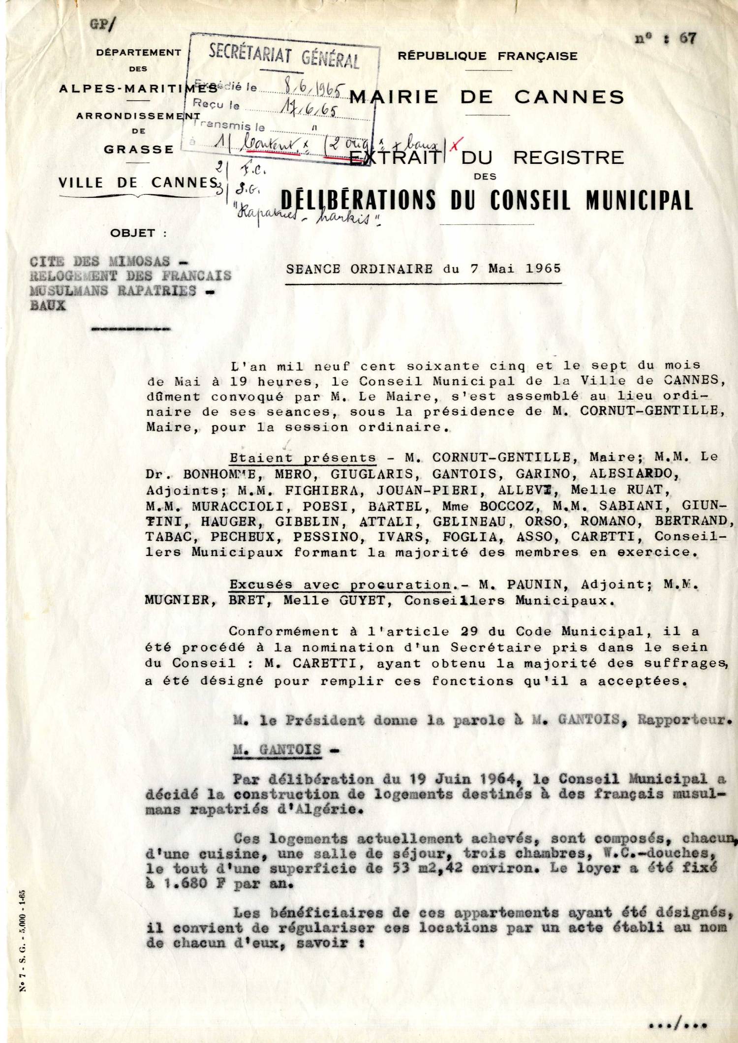 Illustration 14 : cité des Mimosas à cannes, délibérations du conseil municipal, séance du 7 mai 1965  (Archives de Cannes, 235W1)