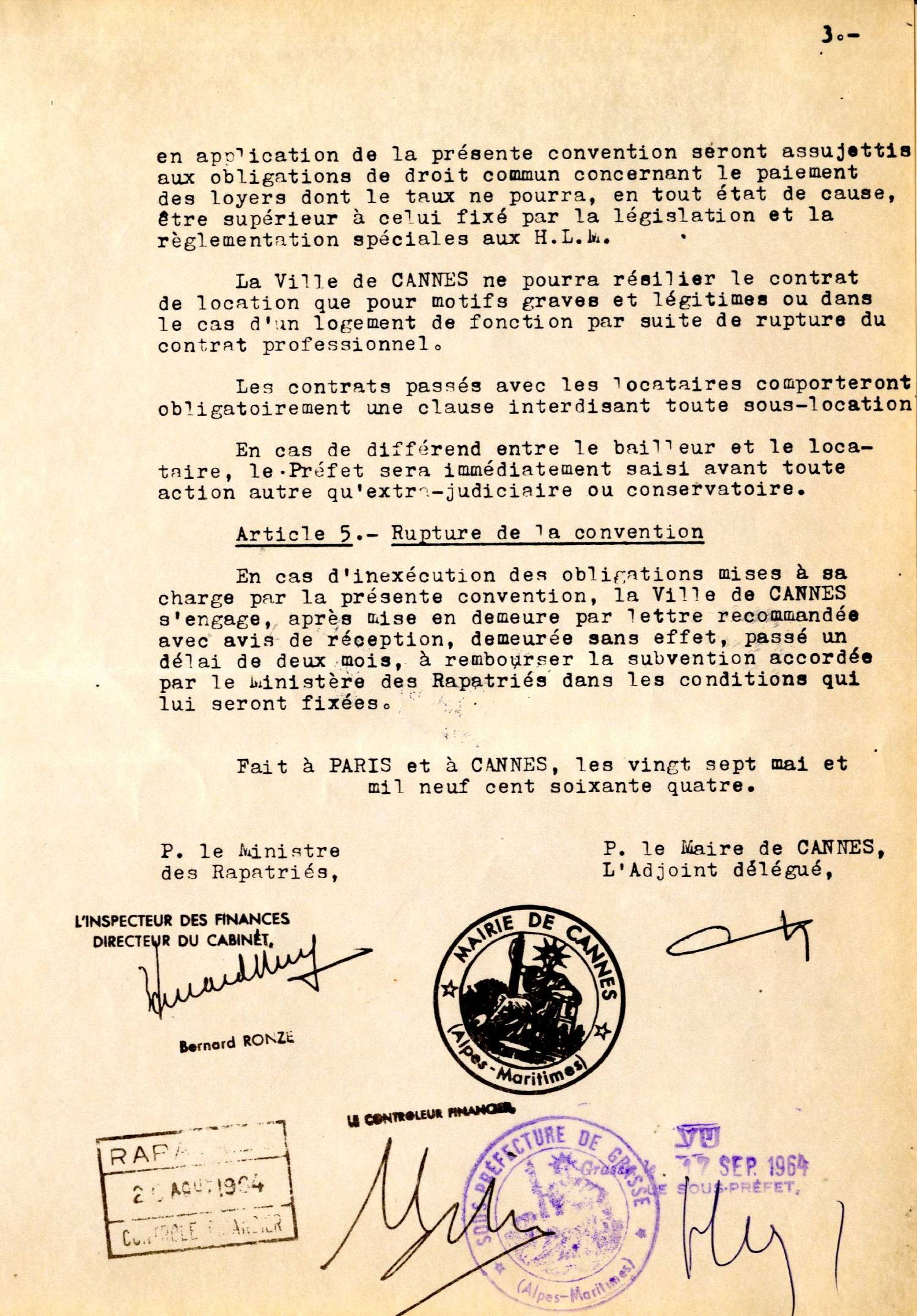 Illustration 6 : cité des Mimosas à Cannes, convention signée entre le ministère des Rapatriés et le député-maire de Cannes, 25 mai 1964 (Archives de Cannes, 235W1)