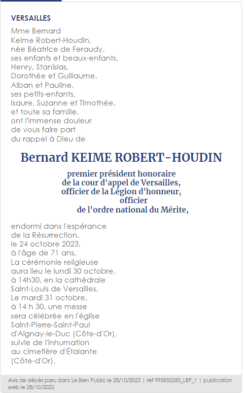 Avis de décès de Monsieur Bernard KEIME ROBERT-HOUDIN