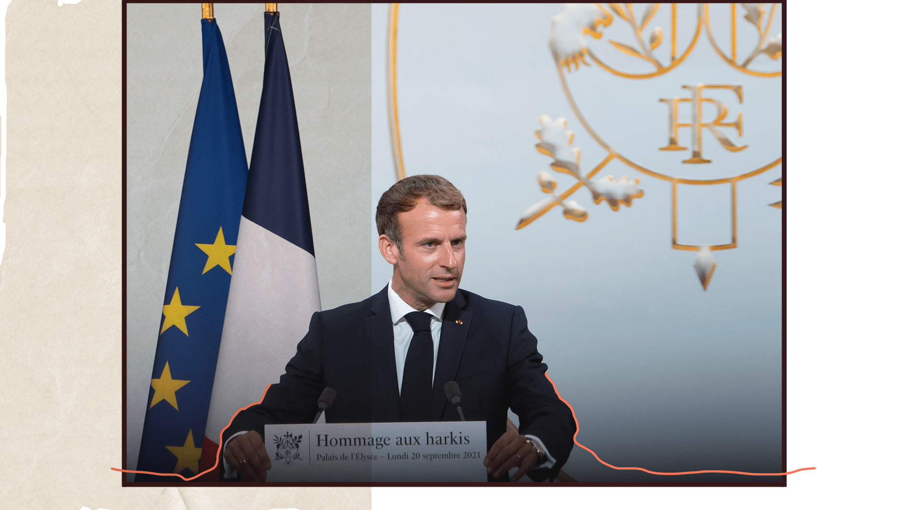 Vue officielle du Président de la République Emmanuel Macron, demandant pardon aux Harkis au nom de la République le 20 septembre 2021 à Paris