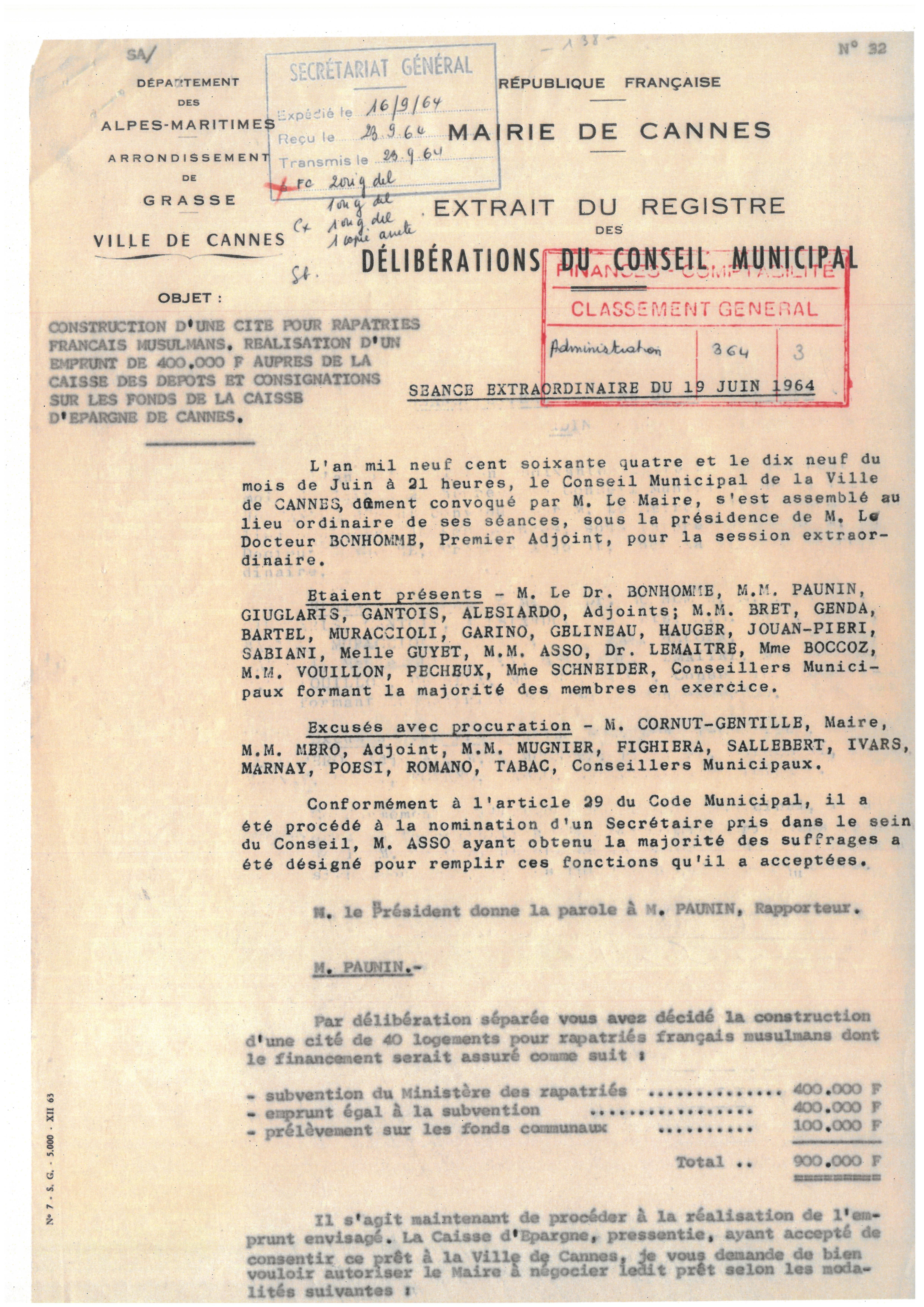 Illustrations 10, p. 1 : accueil des Harkis à Cannes, délibérations du conseil municipal, séance du 19 juin 1964 (Archives de Cannes, 22W238)