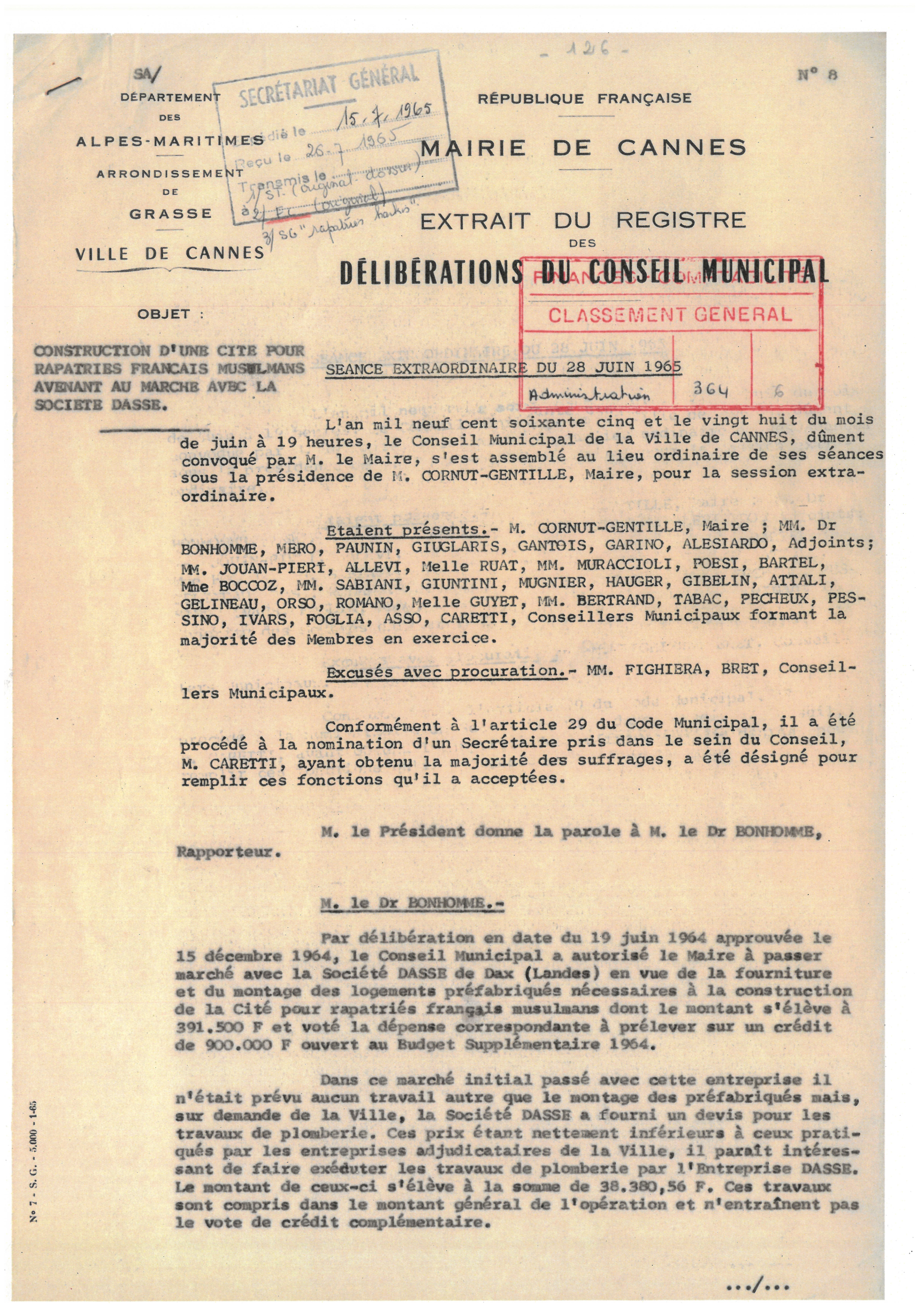 Illustration 16, p. 1 : accueil des Harkis à Cannes, délibérations du conseil municipal, séance extraordinaire du 28 juin 1965 (Archives de Cannes, 22W238)