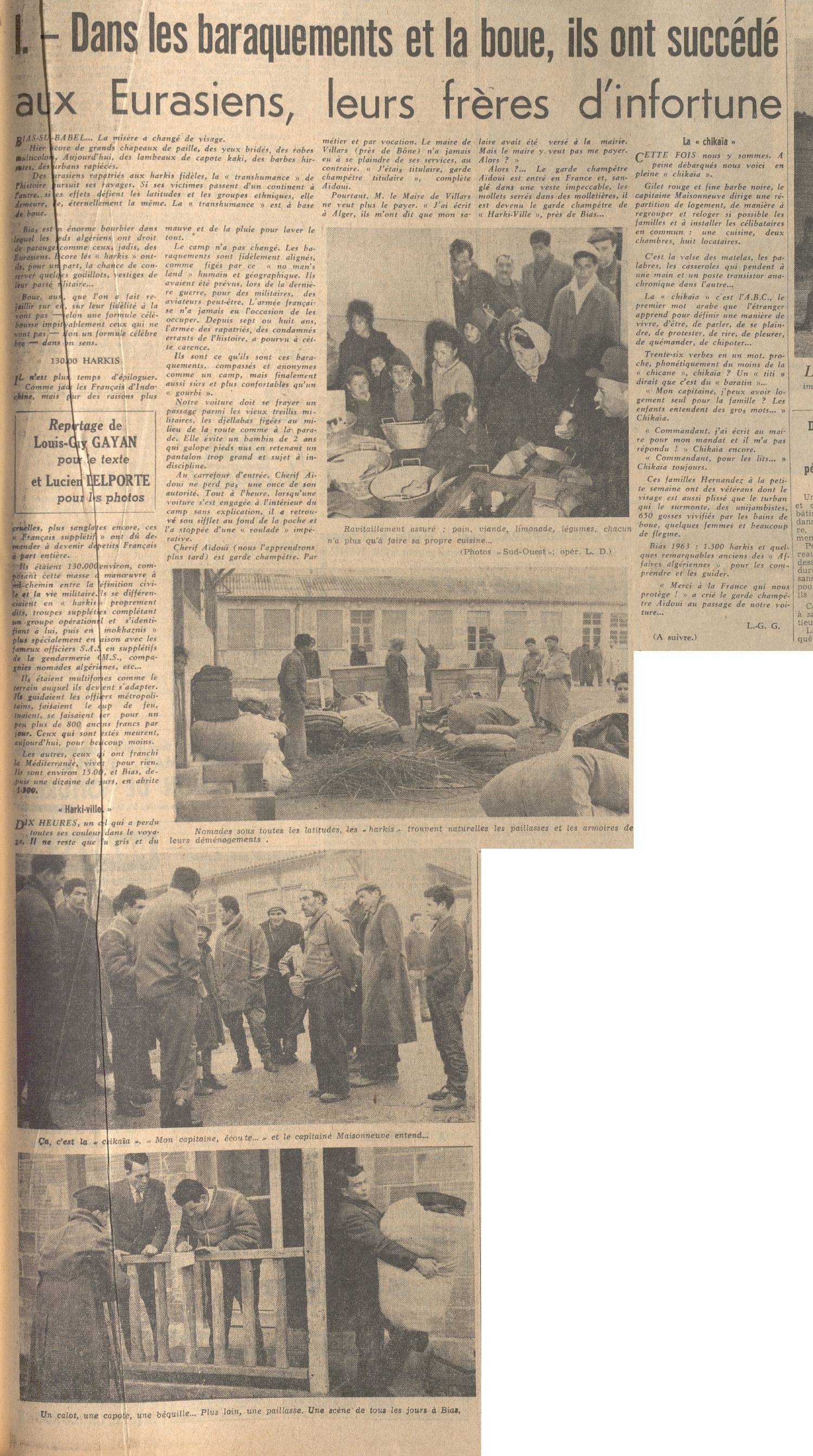 Illustration 5 : dans les baraquements et la boue, ils ont succédé aux Eurasiens, leurs frères d’infortune, Sud-Ouest, 13 février 1963
