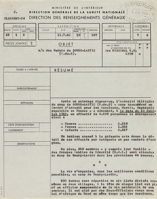 Illustration 5 : rapport des Renseignements généraux sur les Harkis de Bourg-Lastic, 11 juillet 1962 (Archives du Puy-de-Dôme, 414W)