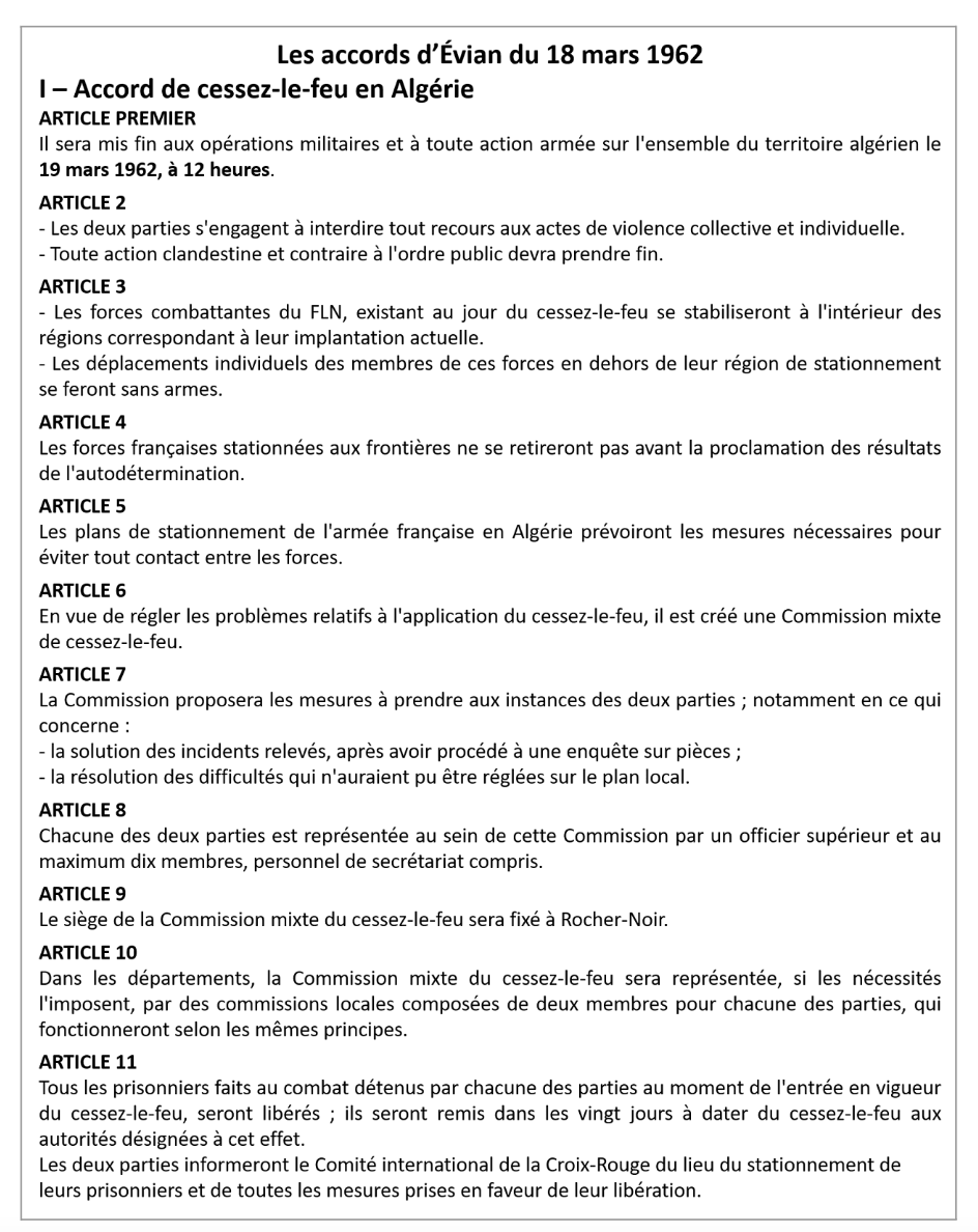 Texte du chapitre 1 des accords d'Evian du 18 mars 1962 portant sur l'accord de cessez-le-feu en Algérie.