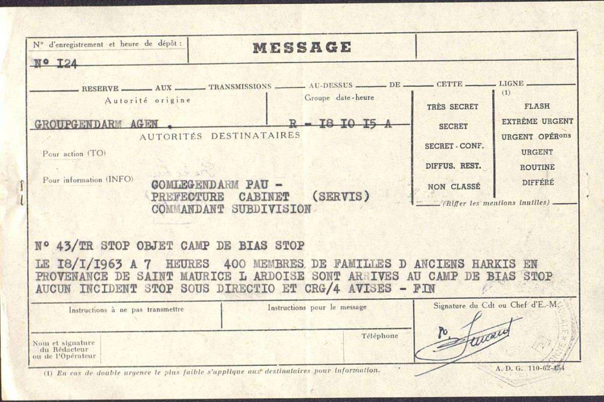 Illustration 4 : message de la gendarmerie d’Agen signalant l’arrivée à Bias de 400 familles provenant du camp de Saint-Maurice-l’Ardoise, 18 janvier 1963