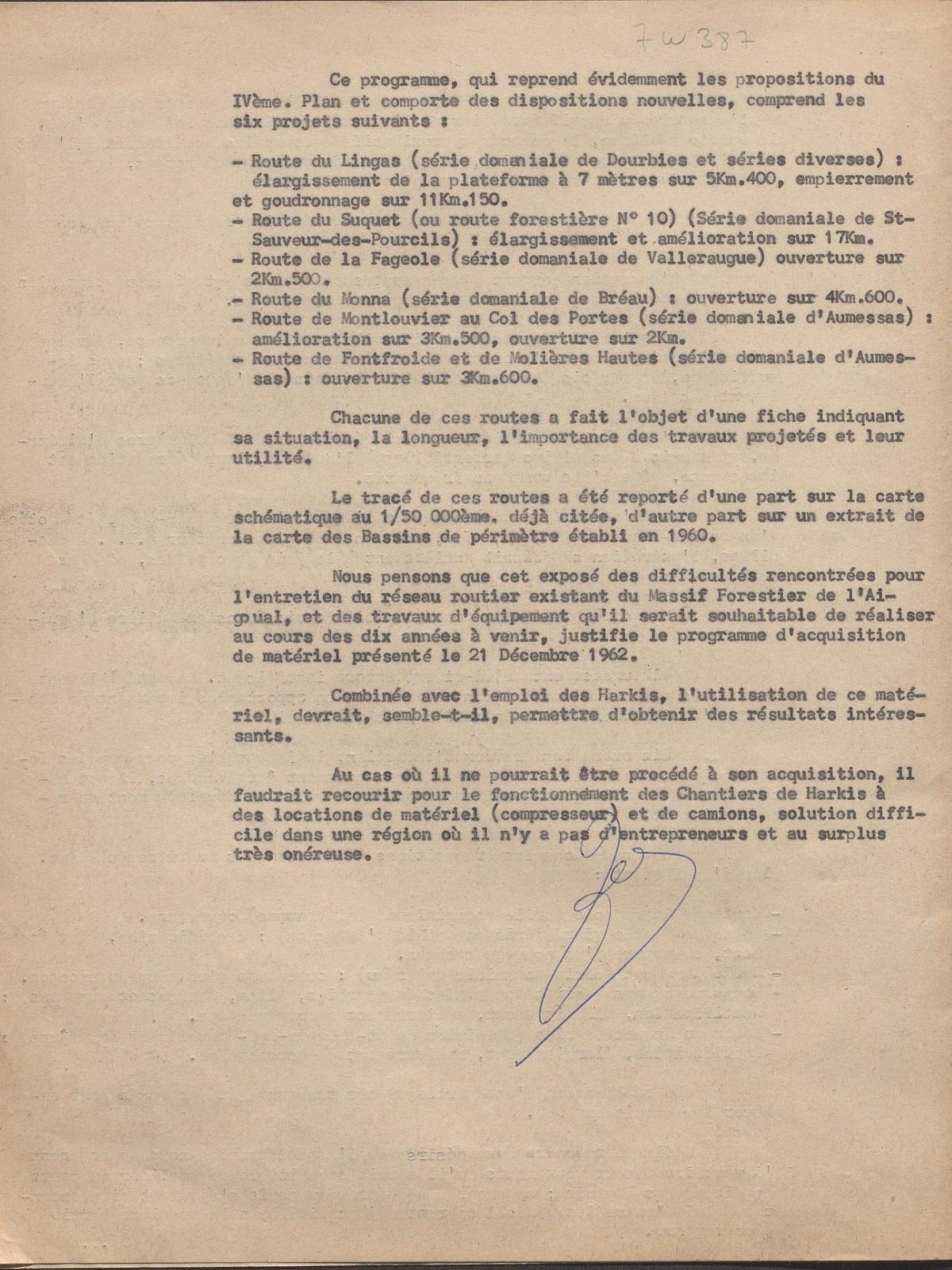 Illustration 10 : Rapport sur les travaux à exécuter dans les forêts domaniales, 16 mars 1963 (Archives du Gard 7W387)