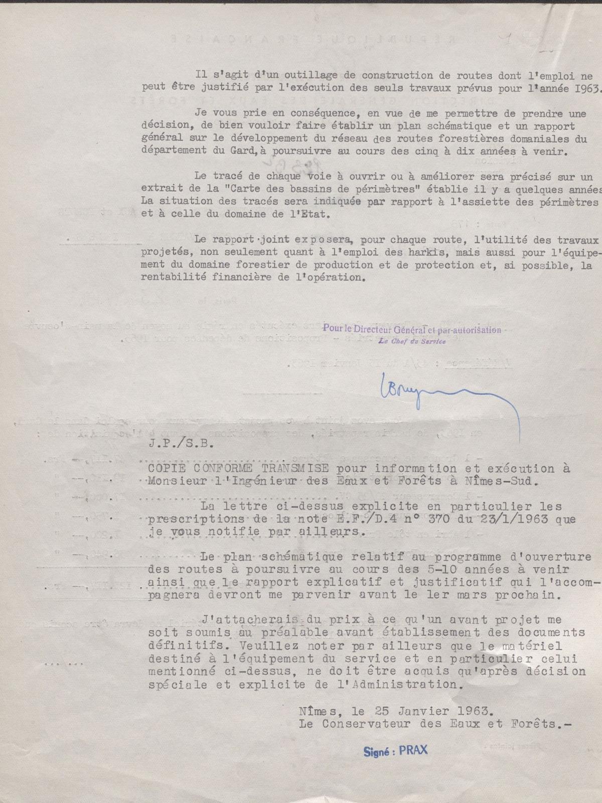 Illustration 14 : Travaux forestiers exécutés en régie au moyen de la main d’œuvre des harkis rapatriés : propositions pour 1963, 23 janvier 1963 (Archives du Gard 7W387)