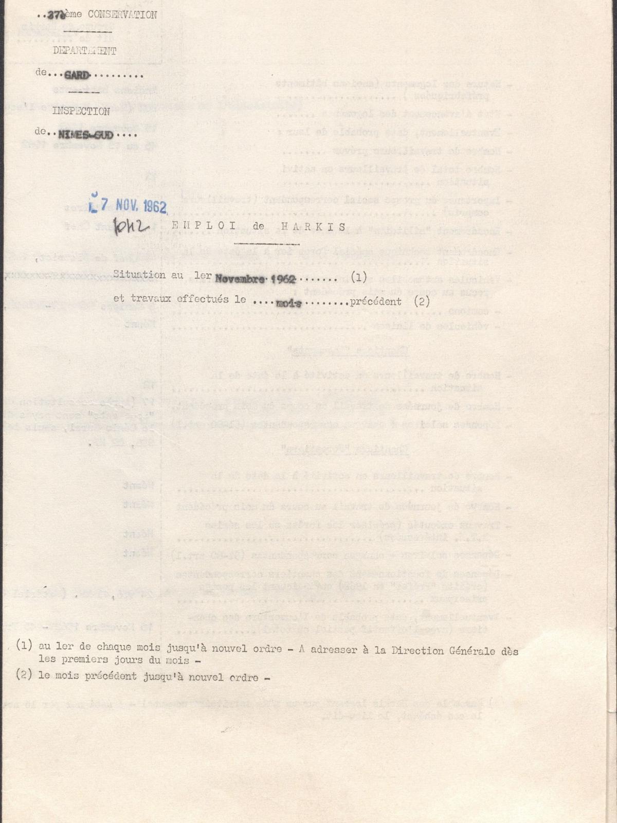 Illustration 15 : Emploi de harkis, situation au 1er novembre 1962 et travaux effectués le mois précédent (Archives du Gard 7W387)