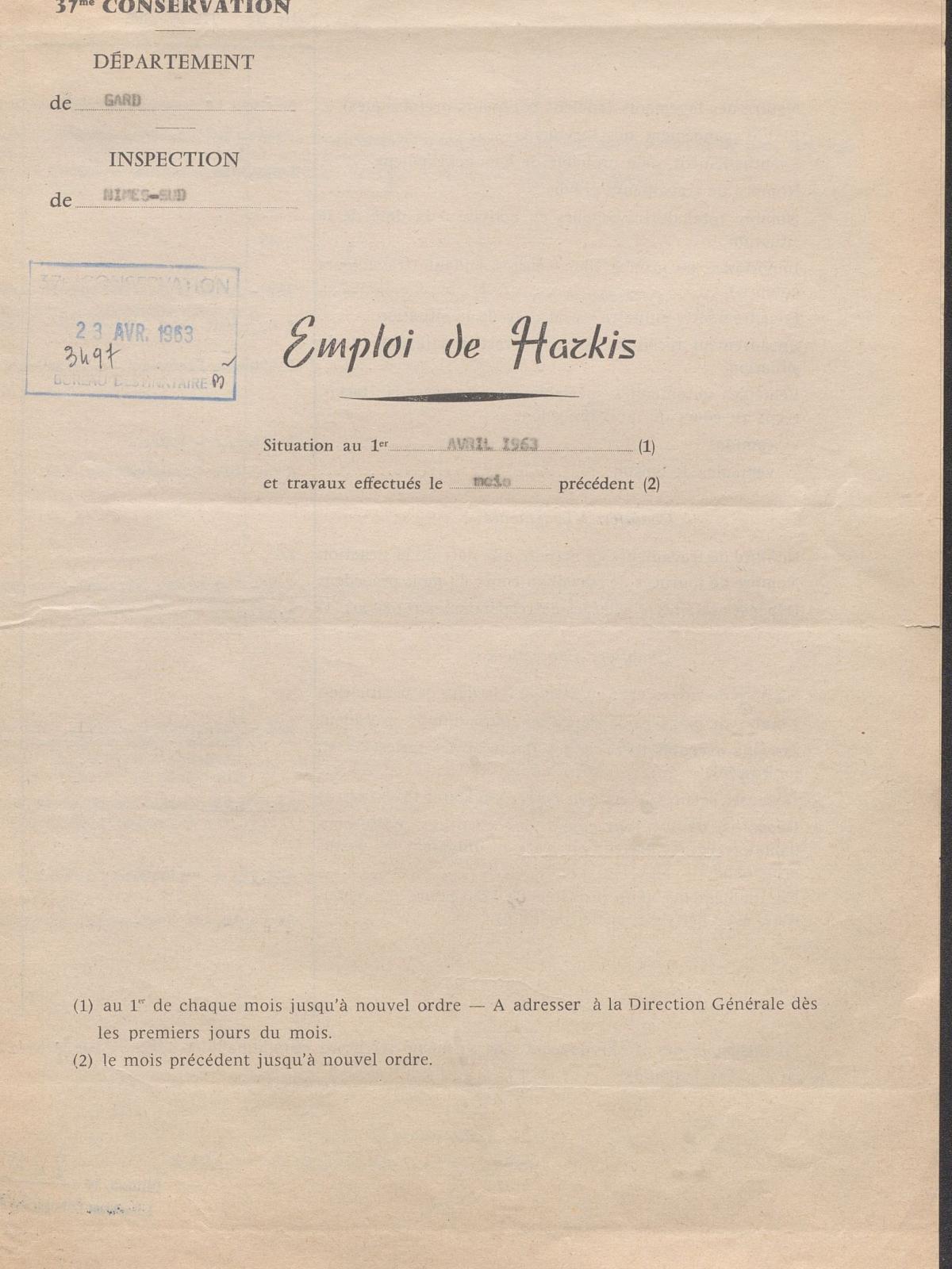 Illustration 16 : Emploi de Harkis, situation au 1er avril 1963 et travaux effectués le mois précédent (Archives du Gard 7W387)