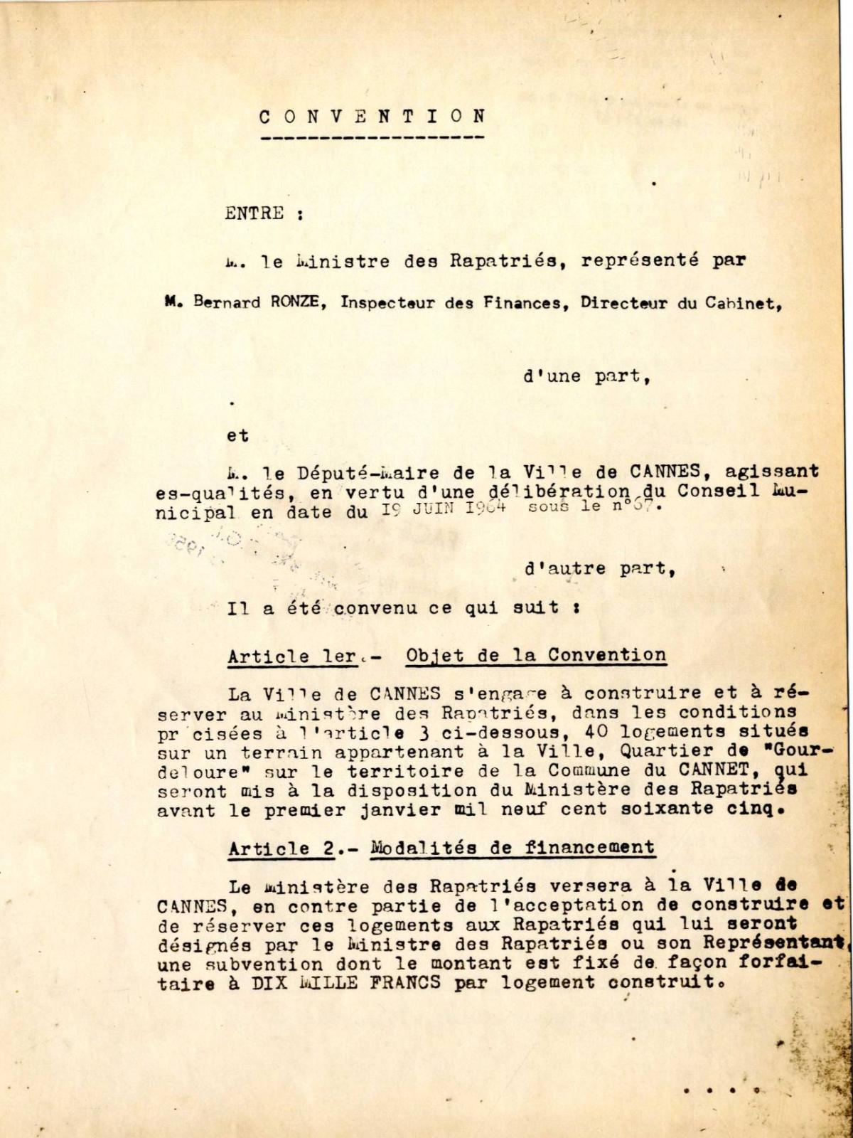 Illustration 4 : cité des Mimosas à Cannes, convention signée entre le ministère des Rapatriés et le député-maire de Cannes, 25 mai 1964 (Archives de Cannes, 235W1)
