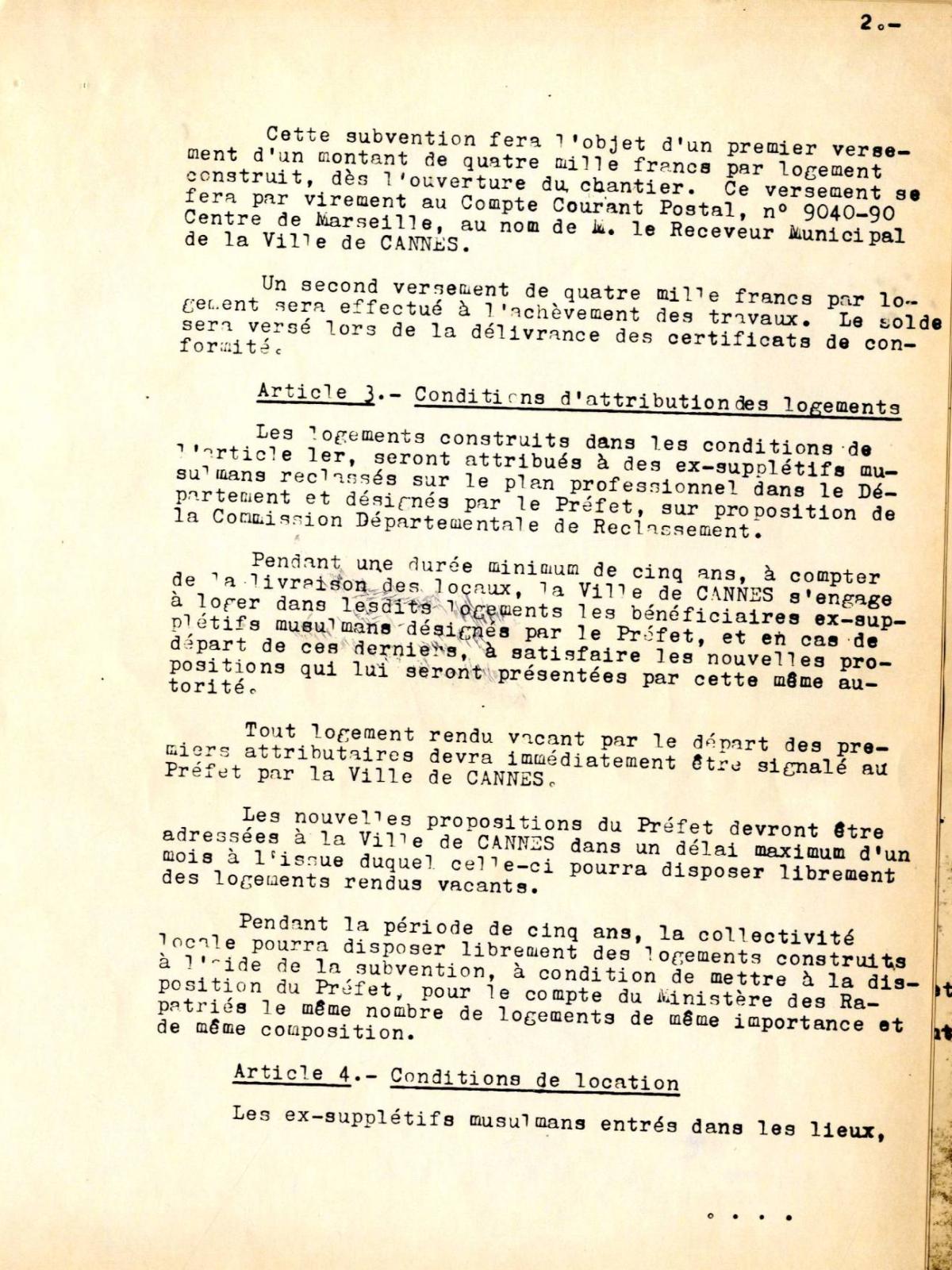 Illustration 5 : cité des Mimosas à Cannes, convention signée entre le ministère des Rapatriés et le député-maire de Cannes, 25 mai 1964 (Archives de Cannes, 235W1)
