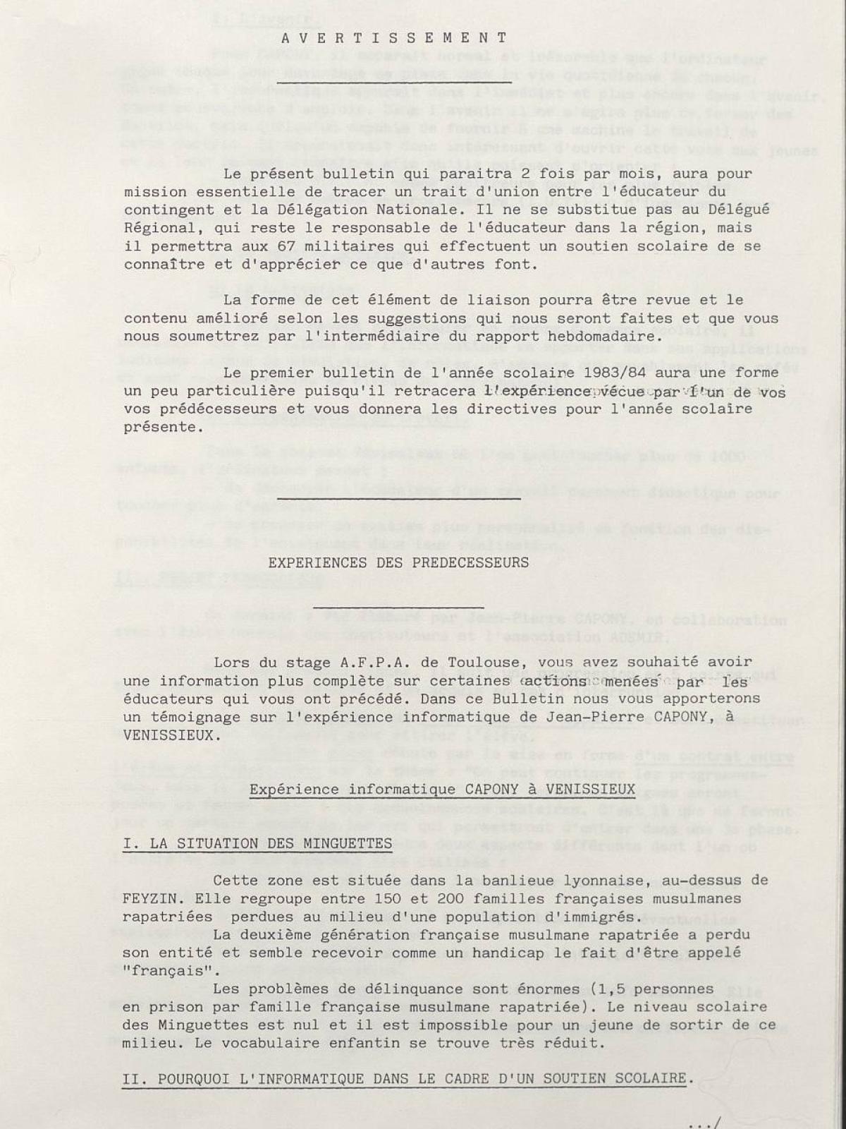 Illustration 1 : Bulletin de liaison des éducateurs (BLÉ) n°1, 15 septembre 1983 (Archives nationales, 19870444/8)