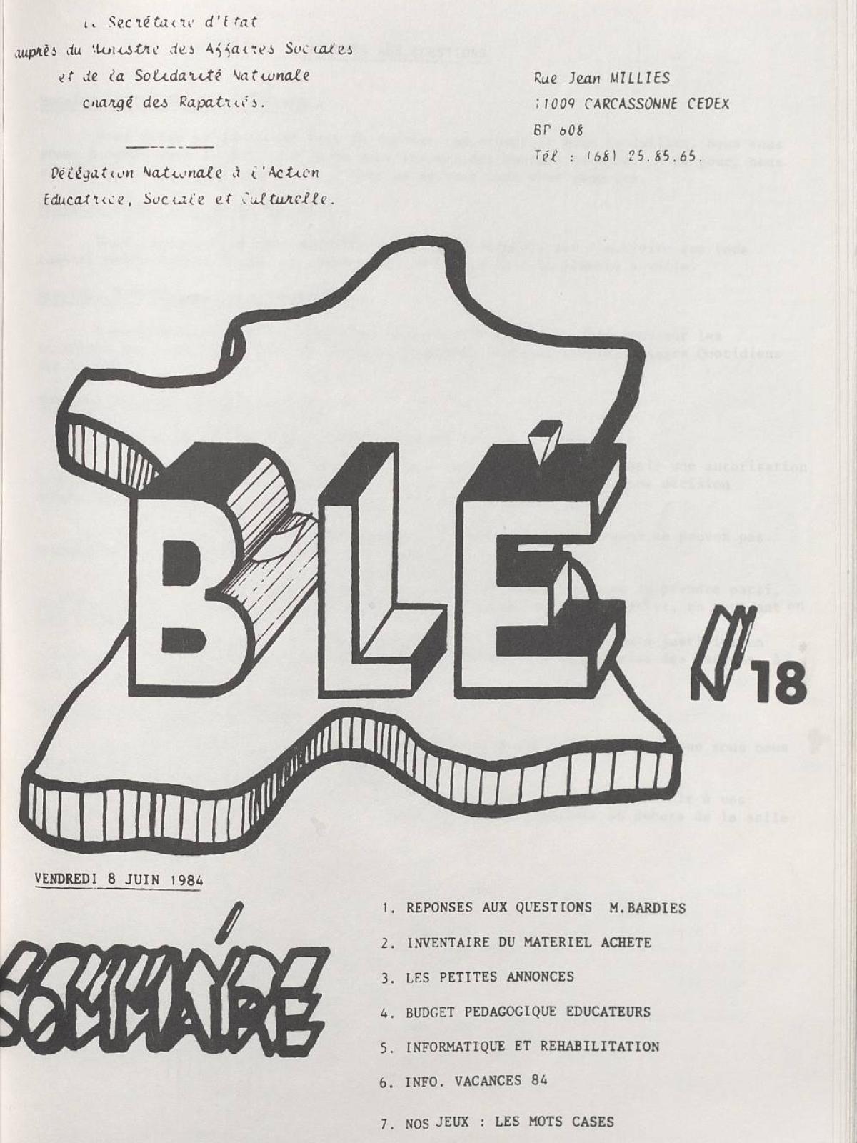 Illustration 12 : Bulletin de liaison des éducateurs (BLÉ) n°18, 8 juin 1984 (Archives nationales, 19870444/8)