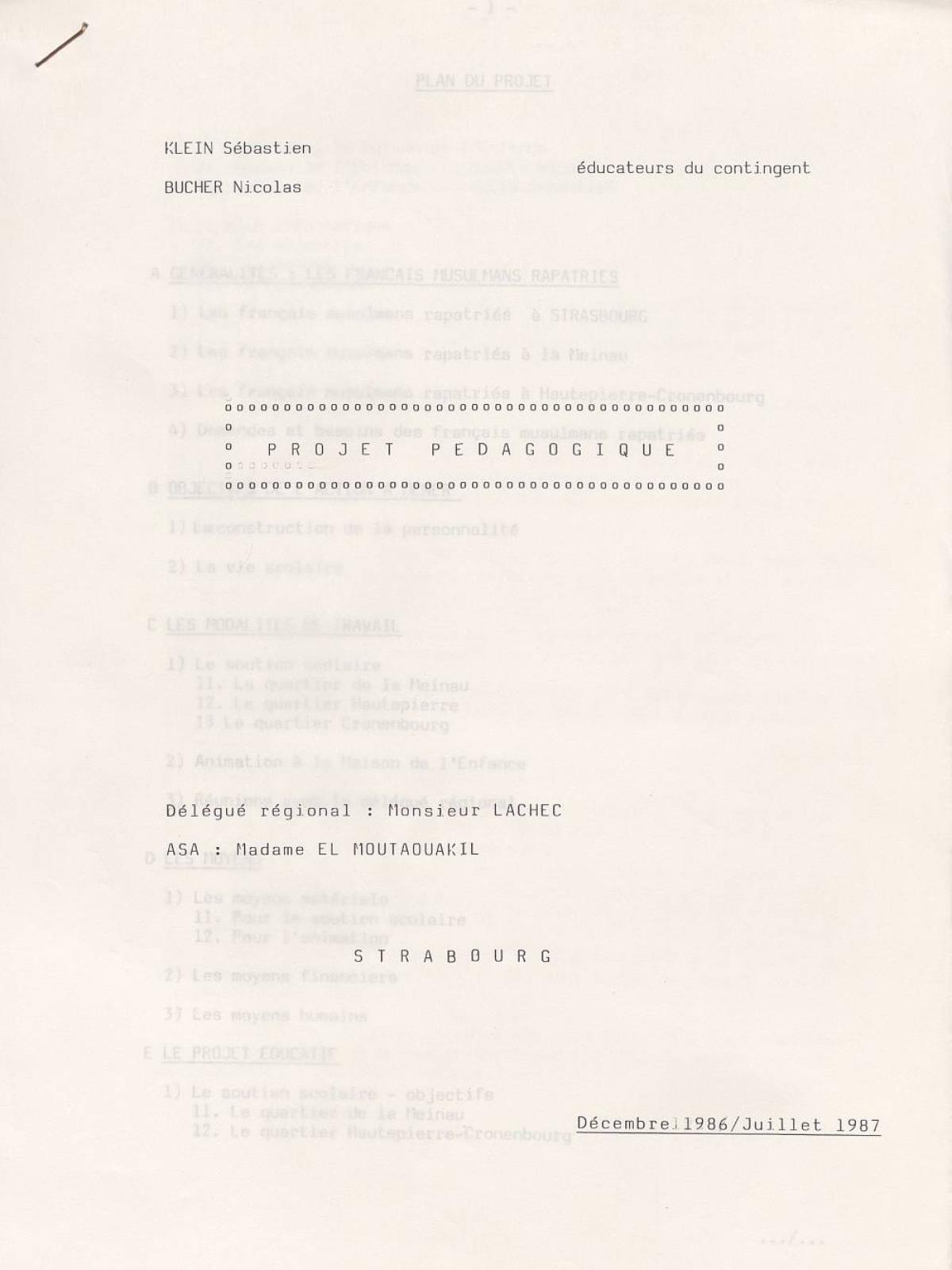 Illustration 6 : Klein Sébastien et Buchet Nicolas, projet pédagogique, décembre 1986 - juillet 1987 (Archives nationales, 19870444/8)