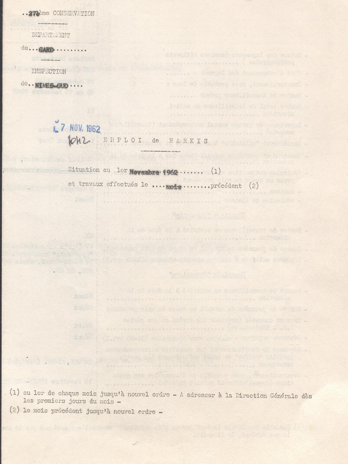 Illustration 15 : Emploi de harkis : situation au 1er novembre 1962 et travaux effectués le mois précédent (Archives du Gard 7W387)