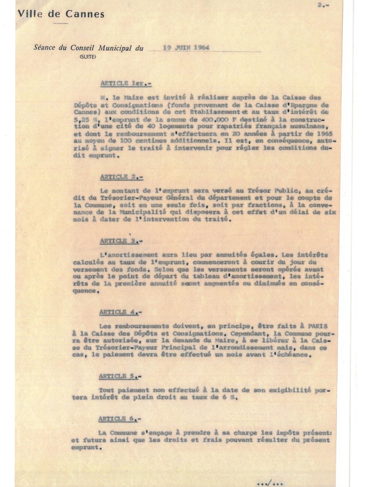 Illustrations 10, p. 2 : accueil des Harkis à Cannes, délibérations du conseil municipal, séance du 19 juin 1964 (Archives de Cannes, 22W238)
