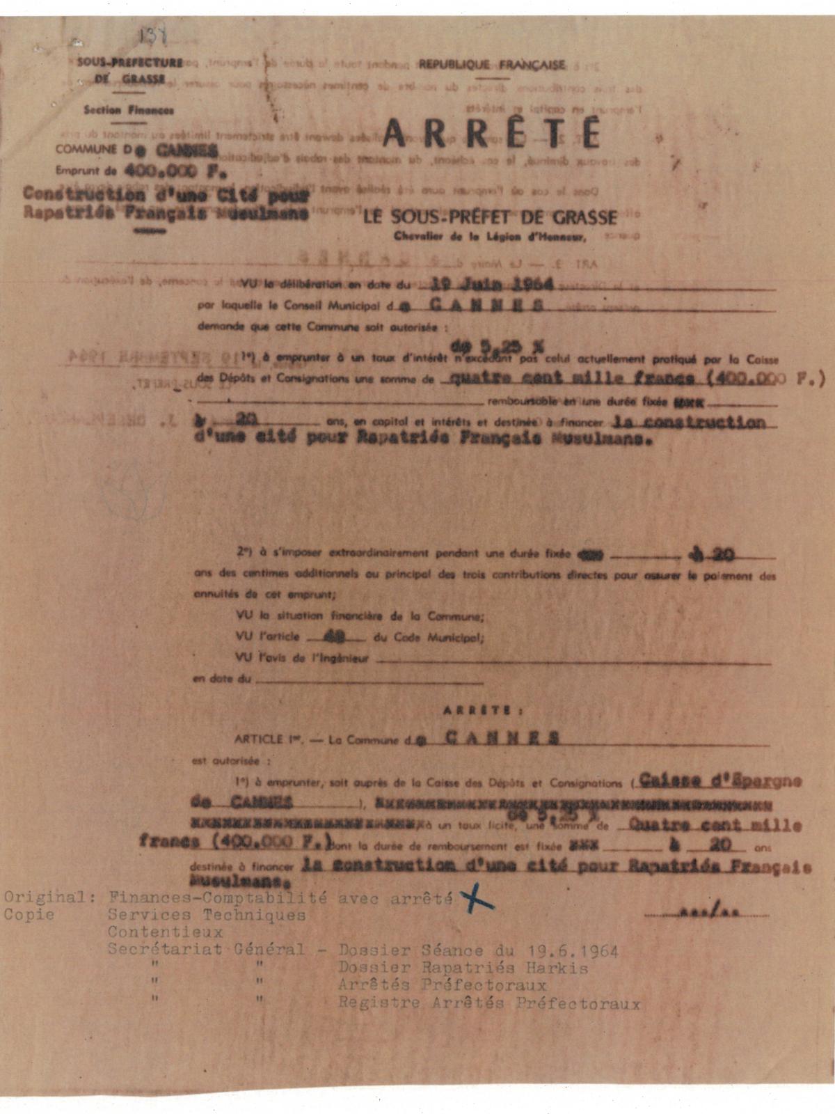 Illustrations 11, p. 2 : accueil des Harkis à Cannes, délibérations du conseil municipal, séance du 19 juin 1964 (Archives de Cannes, 22W238)