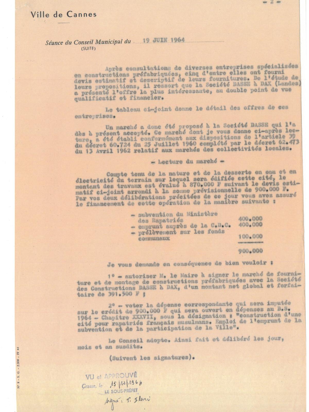 Illustration 13, p. 2 : accueil des Harkis à Cannes, délibérations du conseil municipal, séance du 19 juin 1964 (Archives de Cannes, 22W238)