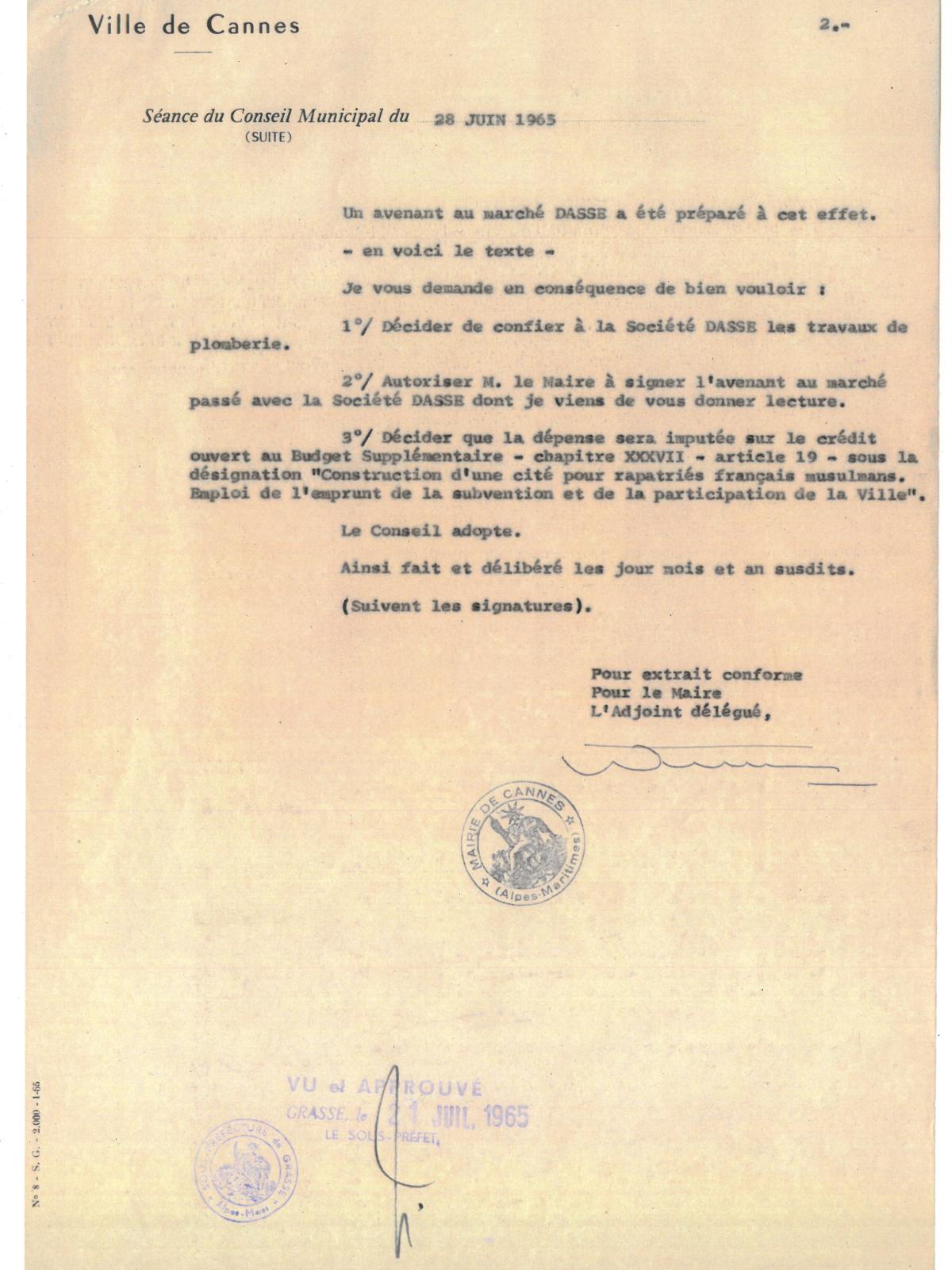Illustration 16, p. 2 : accueil des Harkis à Cannes, délibérations du conseil municipal, séance extraordinaire du 28 juin 1965 (Archives de Cannes, 22W238)