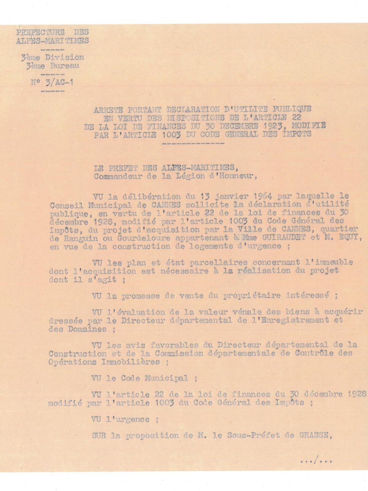 Illustration 2, p. 1 : préfecture des Alpes-Maritimes, arrêté portant déclaration d’utilité publique, 20 juillet 1964 (Archives de Cannes, 22W238)