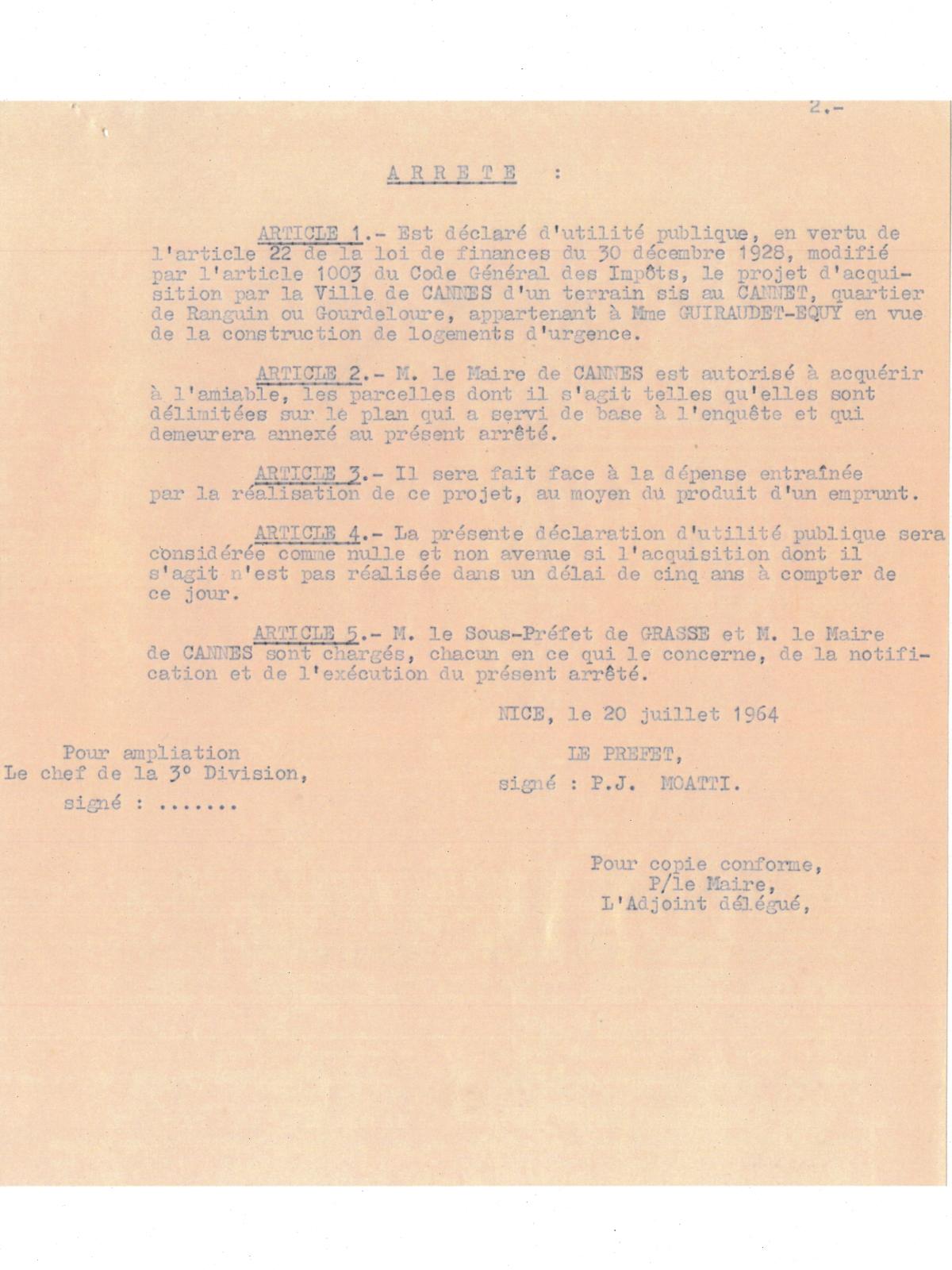 Illustration 2, p. 2 : préfecture des Alpes-Maritimes, arrêté portant déclaration d’utilité publique, 20 juillet 1964 (Archives de Cannes, 22W238)