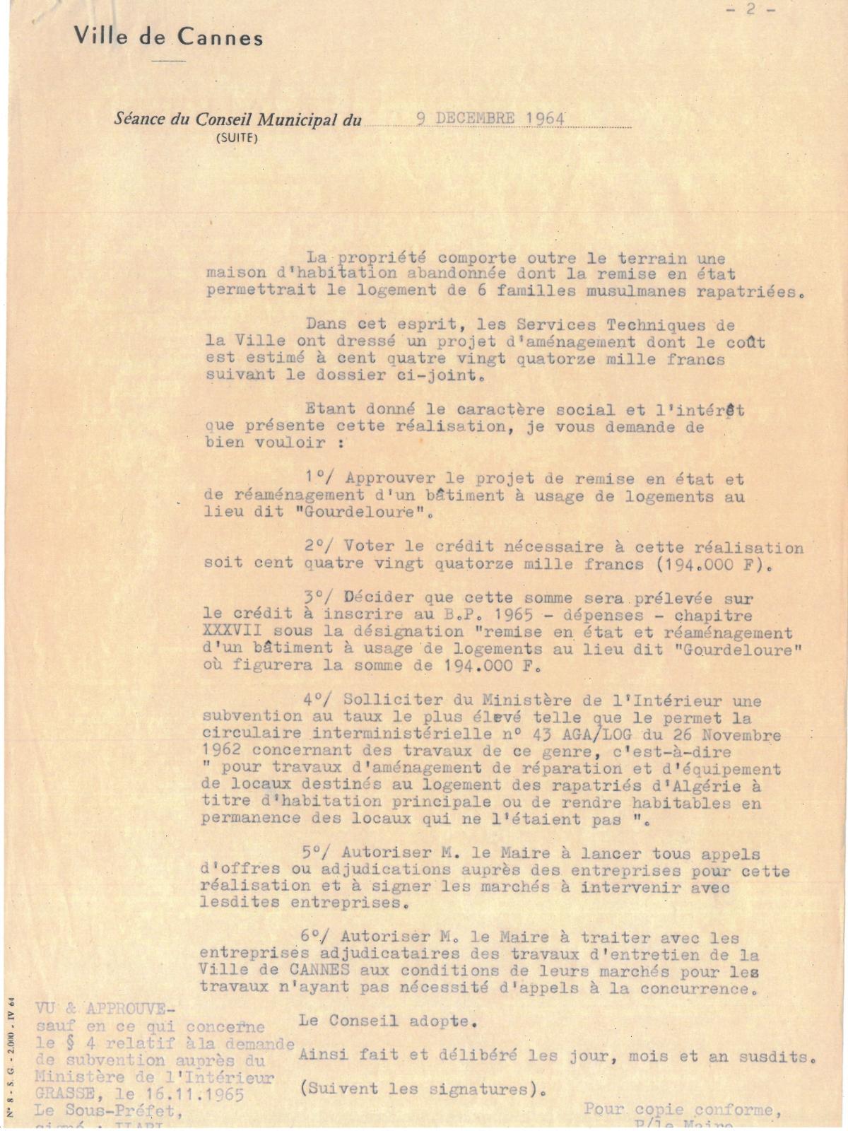 Illustration 7, p. 2 : accueil des Harkis à Cannes, délibérations du conseil municipal, séance du 9 décembre 1964 (Archives de Cannes, 22W238)