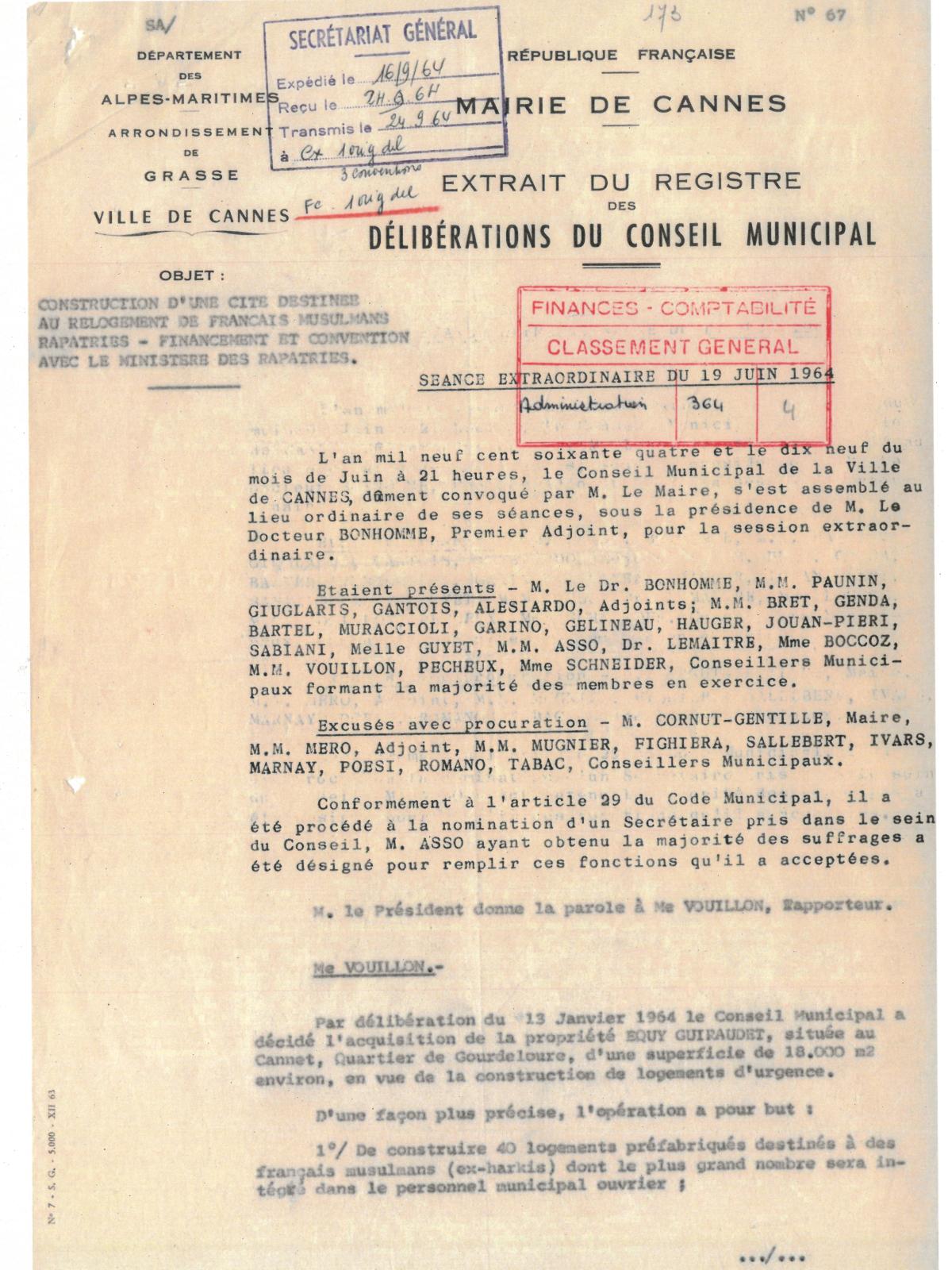 Illustration 8, p. 1 : accueil des Harkis à Cannes, délibérations du conseil municipal, séance extraordinaire du 19 juin 1964 (Archives de Cannes, 22W238)