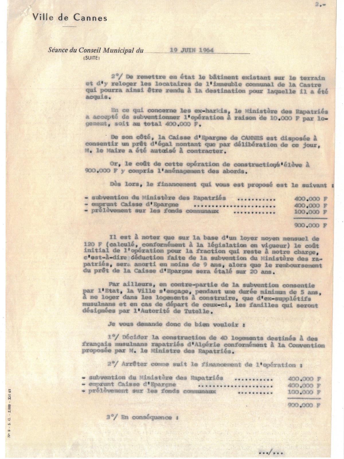 Illustration 8, p. 2 : accueil des Harkis à Cannes, délibérations du conseil municipal, séance extraordinaire du 19 juin 1964 (Archives de Cannes, 22W238)