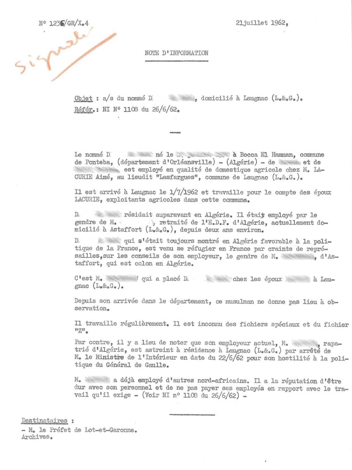 Illustration 13 : note d’information destinée au préfet du Lot-et-Garonne sur un Harki employé dans une exploitation agricole locale, 21 juillet 1962