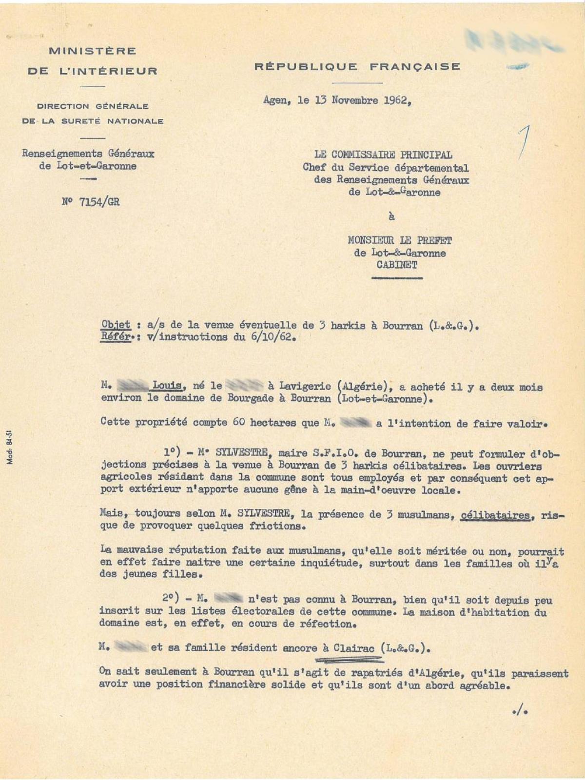 Illustration 14 : note des Renseignements généraux du Lot-et-Garonne destinée au préfet sur l’emploi de trois Harkis dans une exploitation agricole locale, 13 novembre 1962