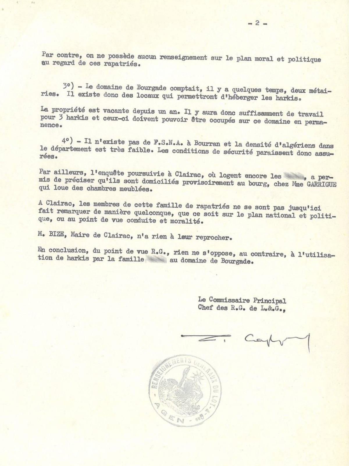Illustration 15 : note des Renseignements généraux du Lot-et-Garonne destinée au préfet sur l’emploi de trois Harkis dans une exploitation agricole locale, 13 novembre 1962