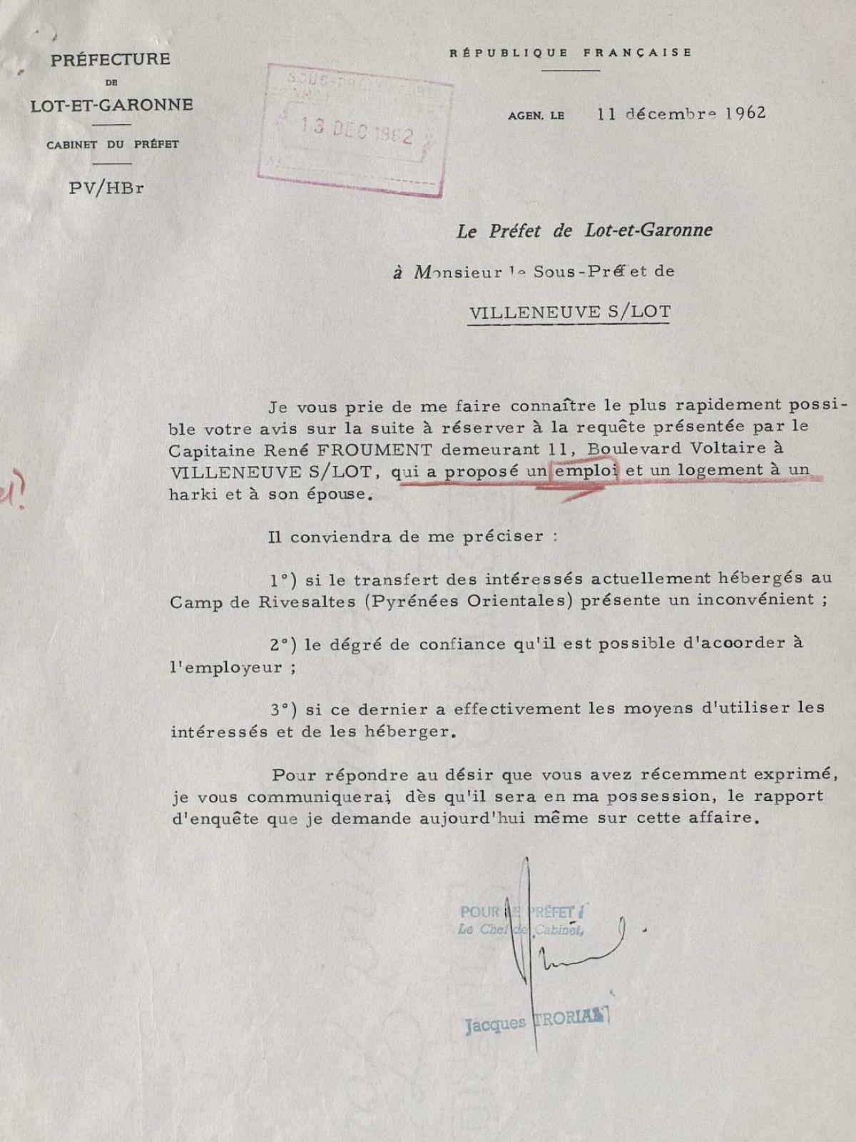 Illustration 11 : demande de renseignements du préfet du Lot-et-Garonne sur le capitaine Froument, 11 décembre 1962