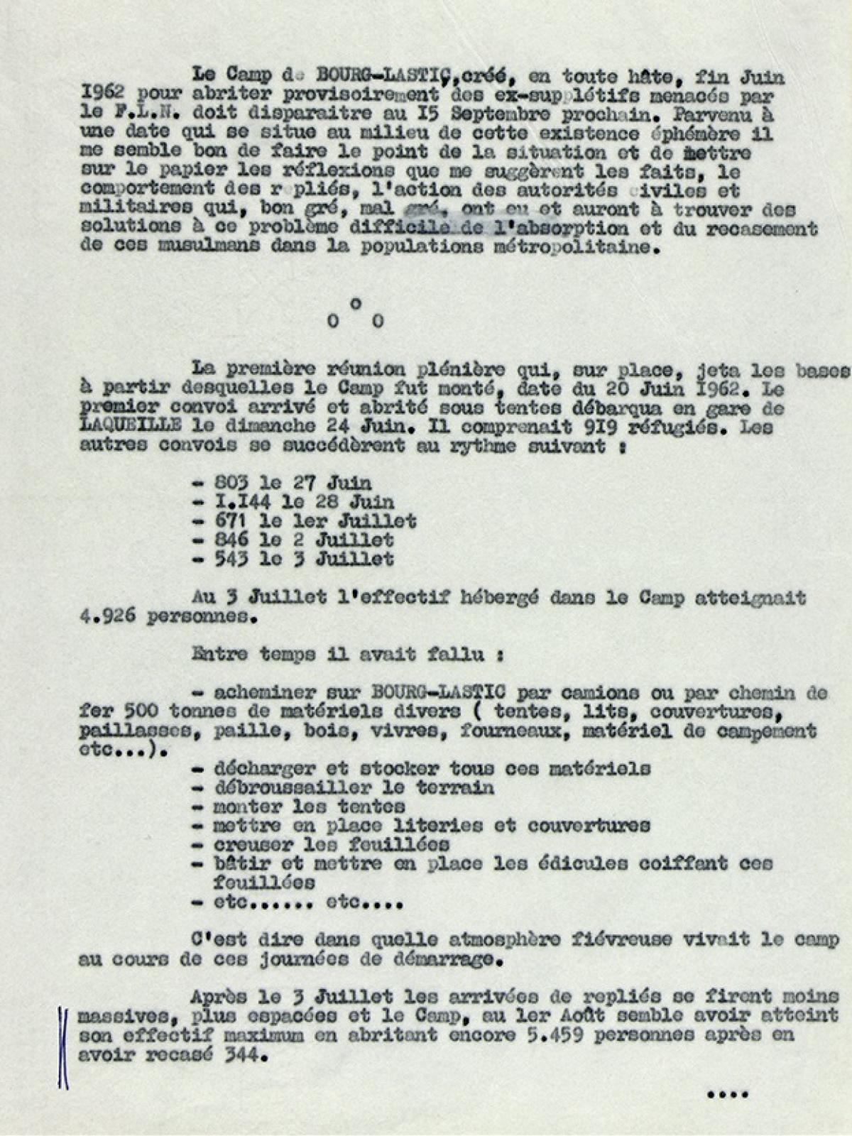 Illustration 1 : les repliés musulmans du camp de Bourg-Lastic au 1er août 1962, rapport du chef de bataillon Ropars, commandant le camp de Bourg-Lastic, 6 août 1962 (Archives du Puy-de-Dôme, 414W)