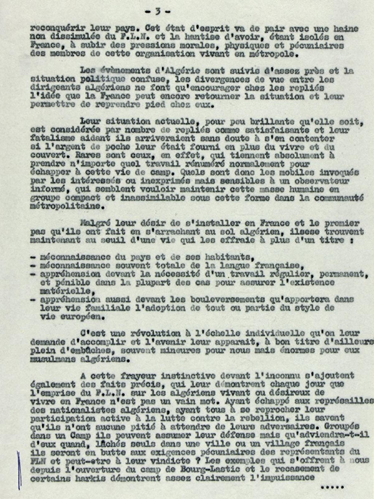 Illustration 12 : les repliés musulmans du camp de Bourg-Lastic au 1er août 1962, rapport du chef de bataillon Ropars, commandant le camp de Bourg-Lastic, 6 août 1962 (Archives du Puy-de-Dôme, 414W)