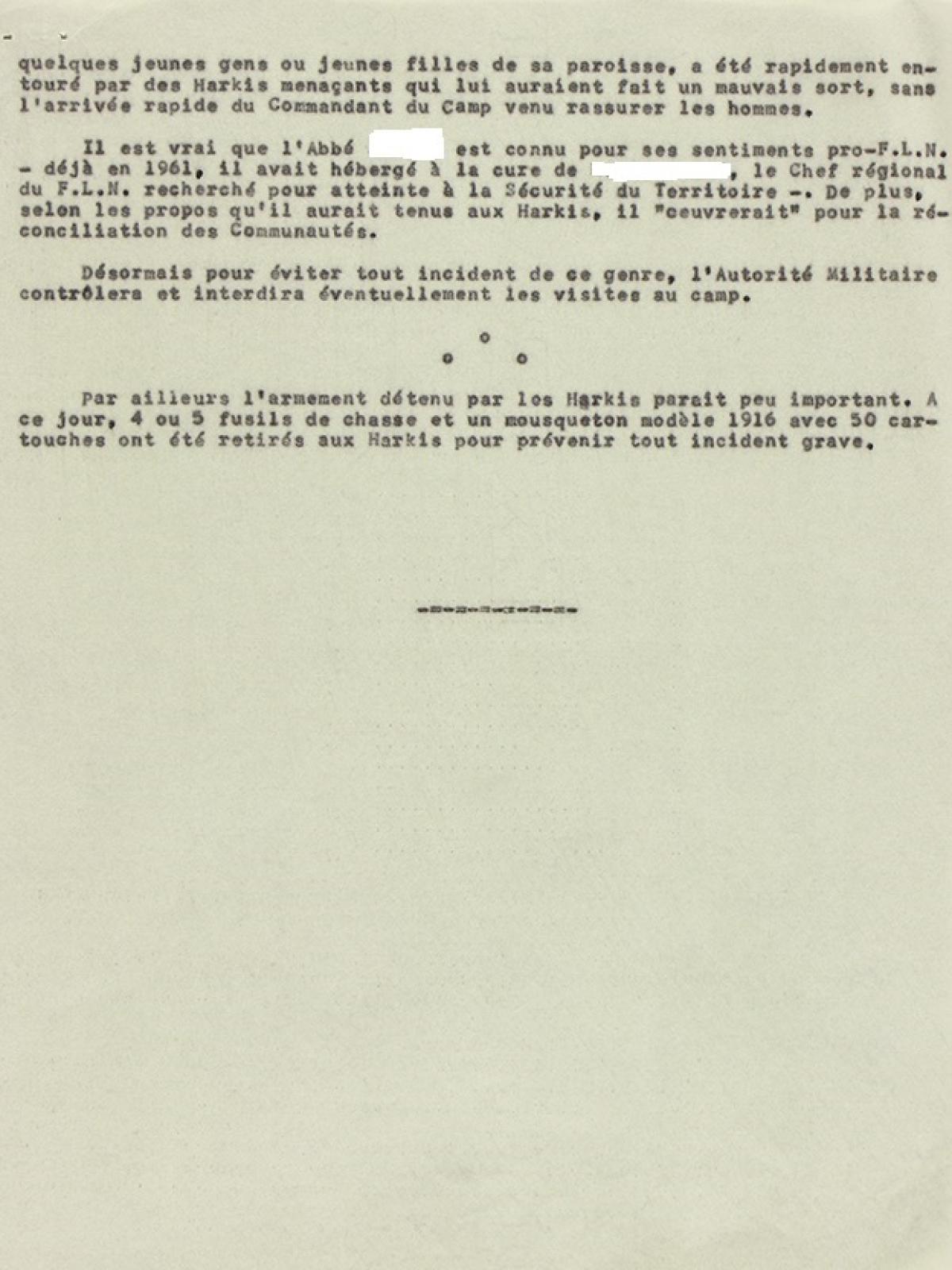Illustration 8 : rapport des Renseignements généraux sur les Harkis de Bourg-Lastic, 11 juillet 1962 (Archives du Puy-de-Dôme, 414W)