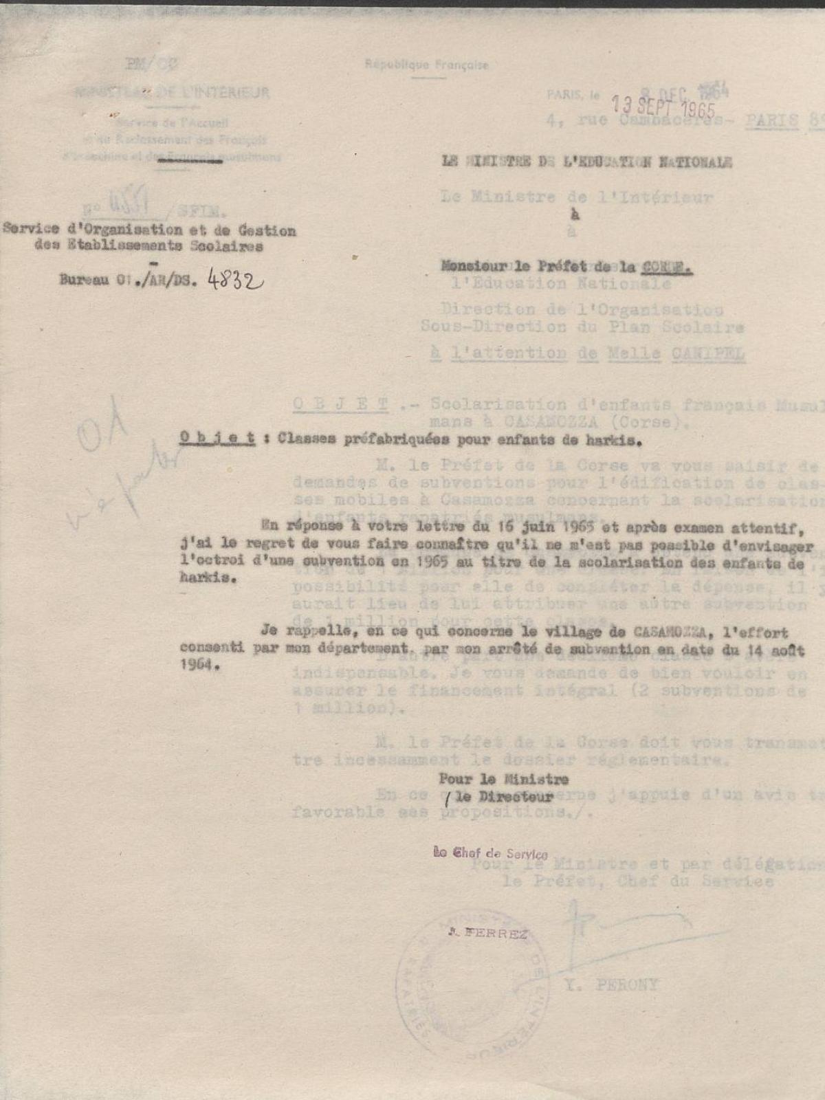 Illustration 14 : lettre du ministre de l’Éducation nationale au préfet de Corse lui indiquant le refus de l’octroi d’une subvention pour l’octroi d’une classe mobile supplémentaire pour Casamozza, 13 septembre 1965 (Archives nationales, 1977074/3)