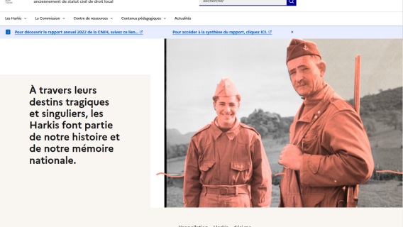 Homepage du site "harkis.gouv.fr" Présentation de la page d'accueil du site "harkis.gouv.fr"